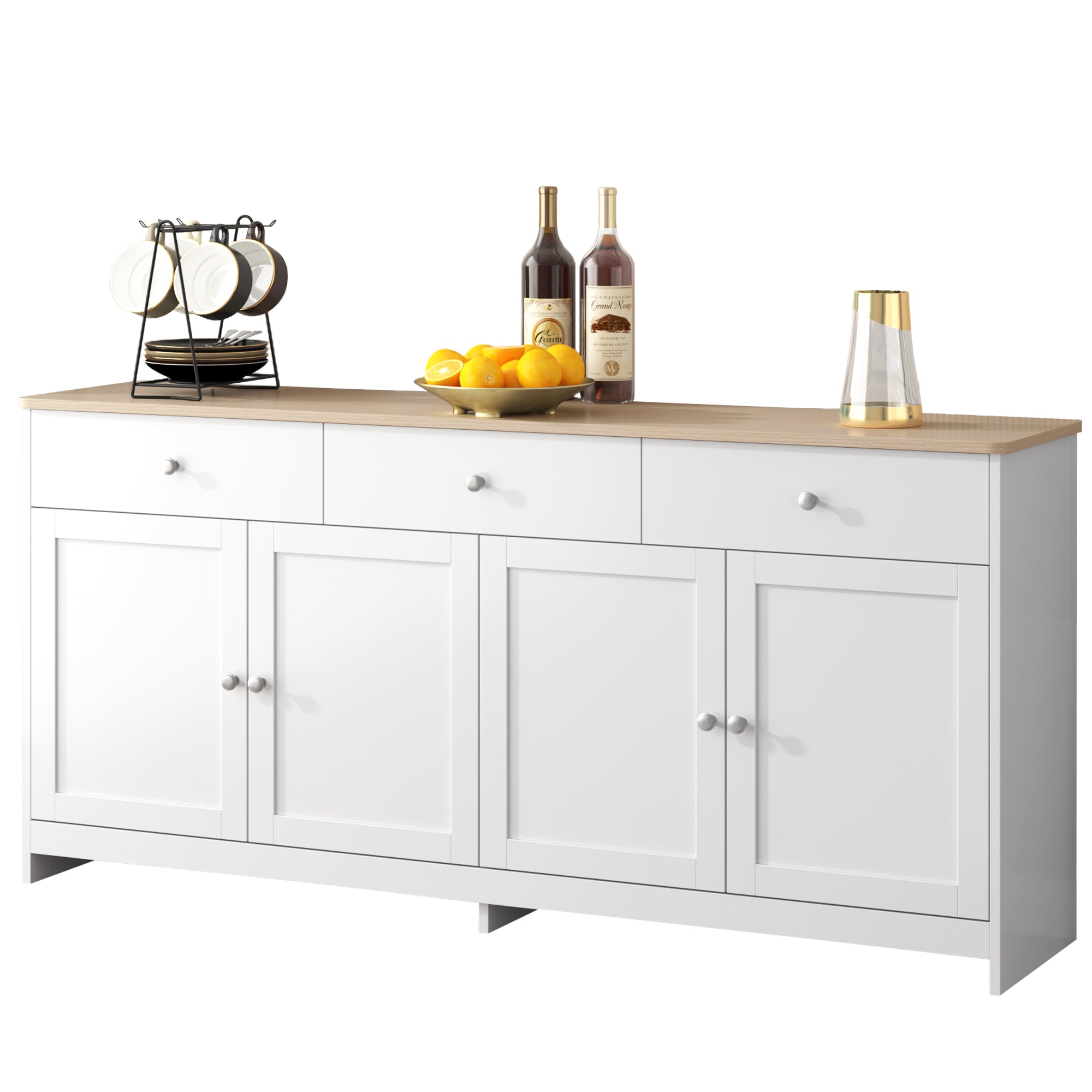 Sideboard, 4 Doors 3 Drawers, Wood Grain White