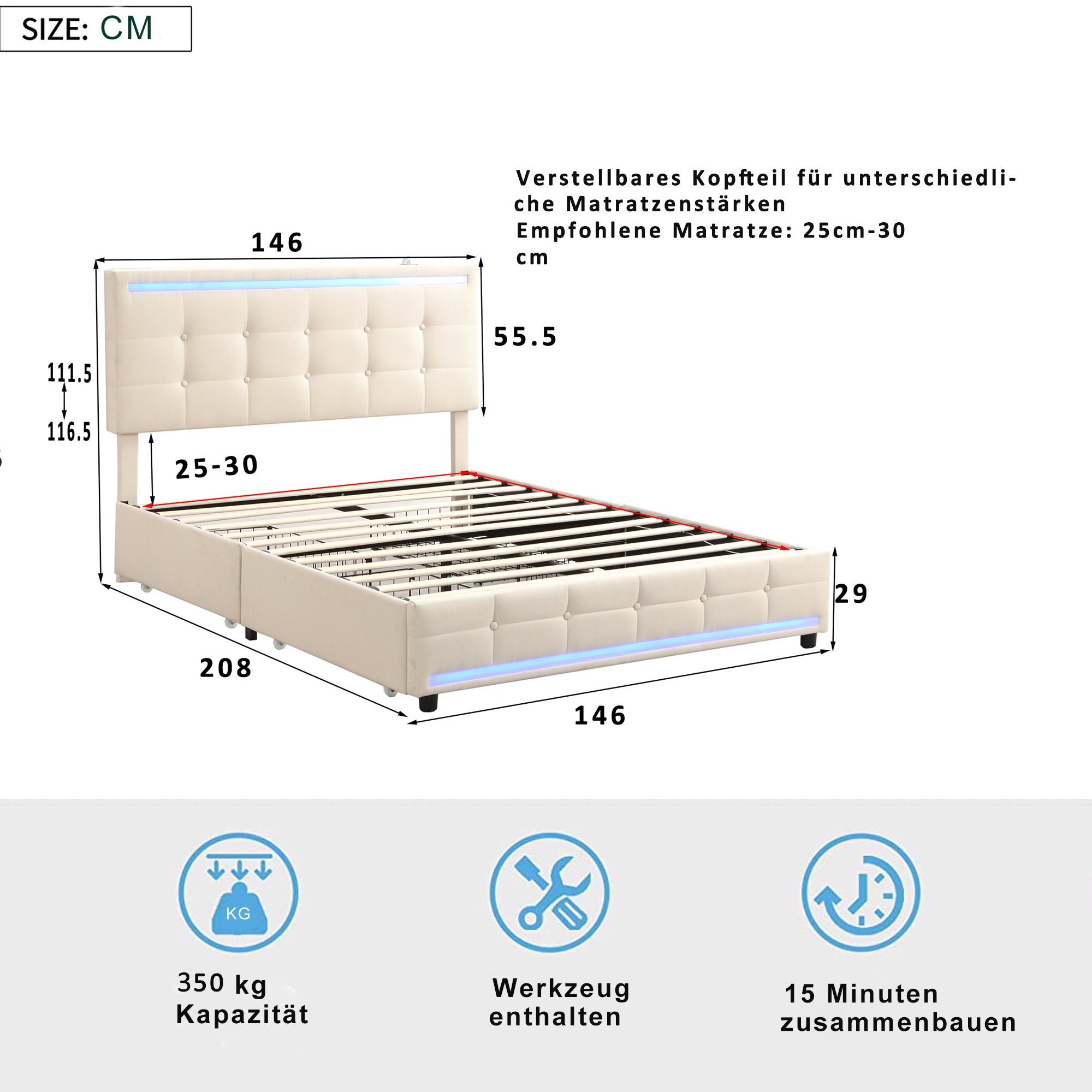 Upholstered Bed, 140x200 LED with 4 Drawers, USB Charging, Beige Linen