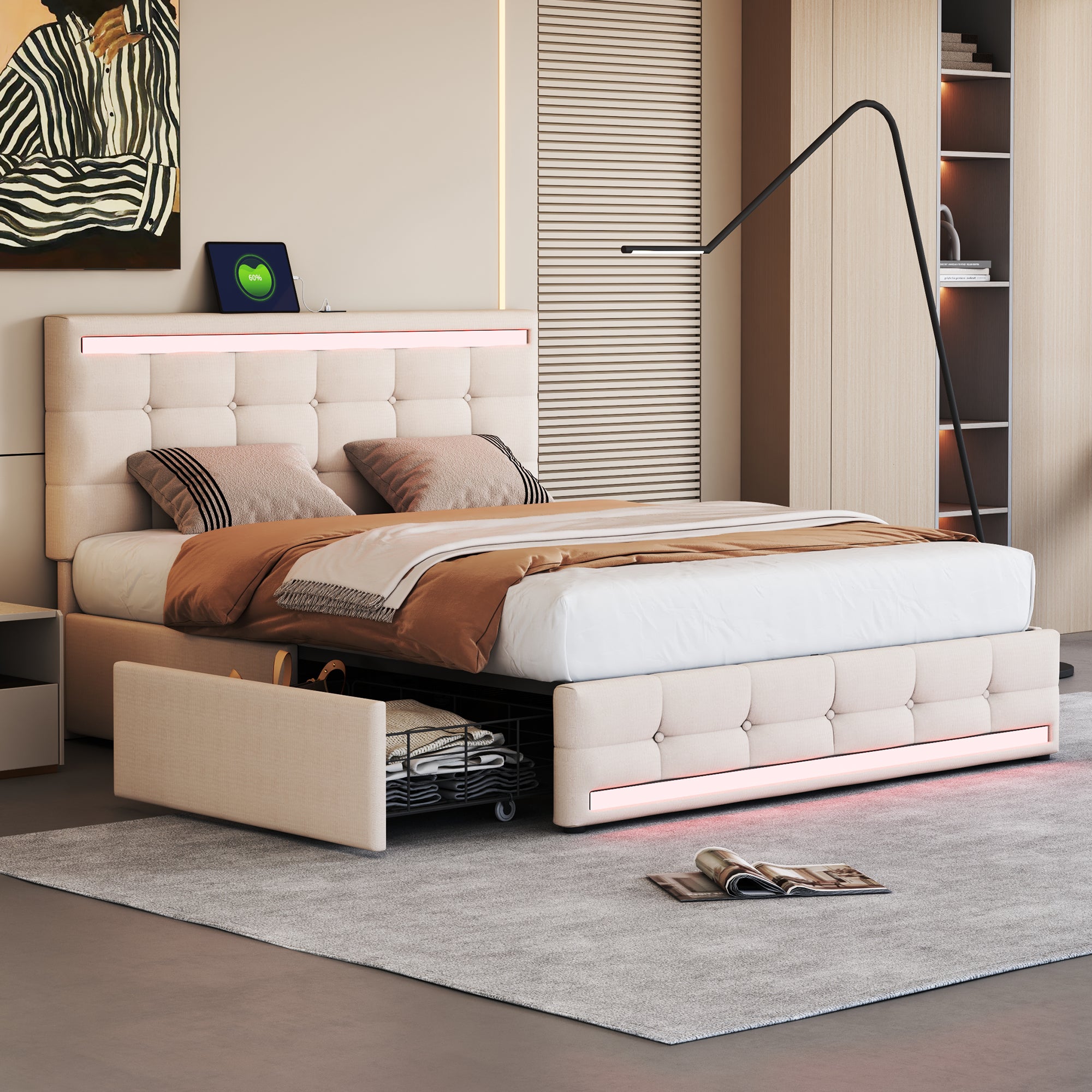 Upholstered Bed, 140x200 LED with 4 Drawers, USB Charging, Beige Linen
