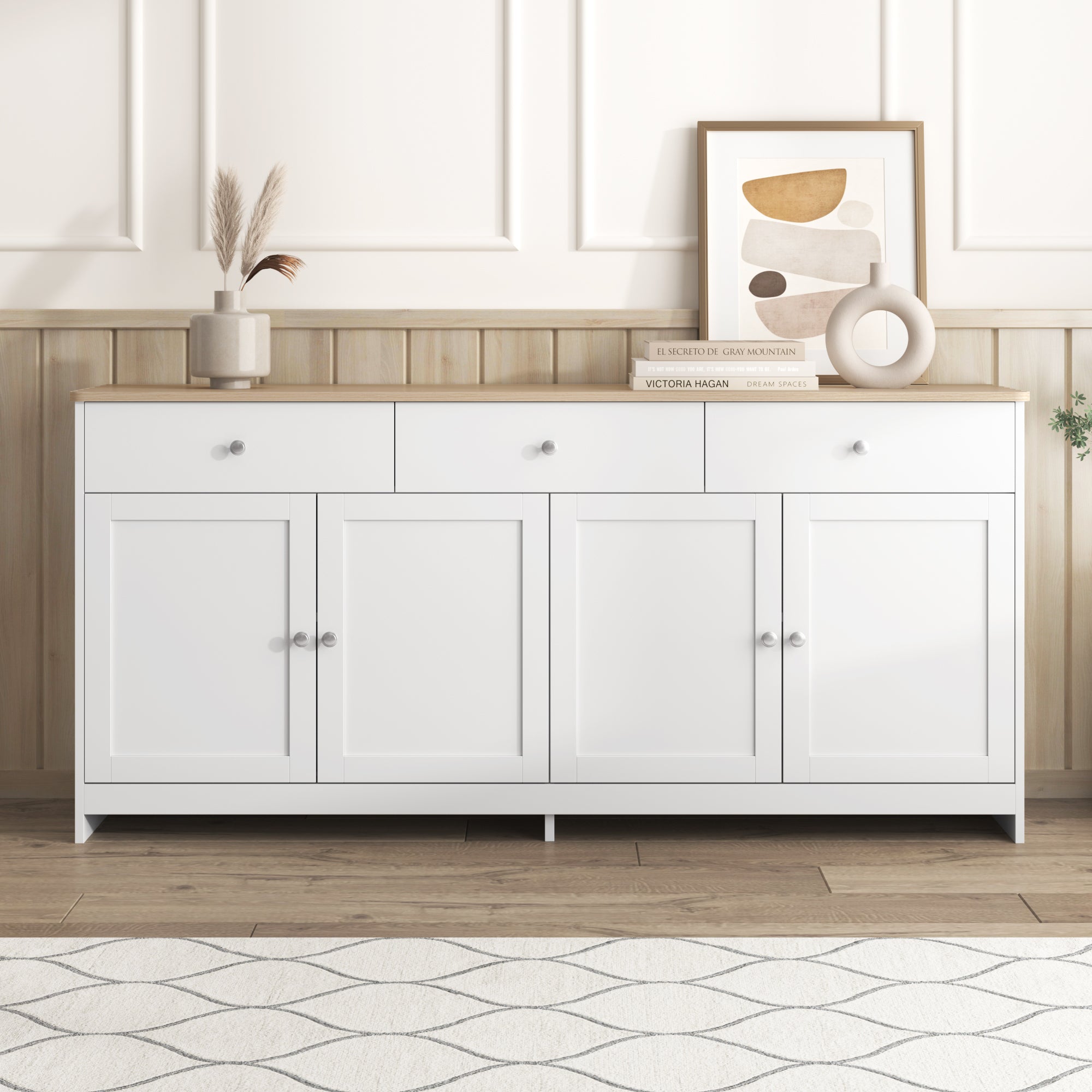Sideboard, 4 Doors 3 Drawers, Wood Grain White