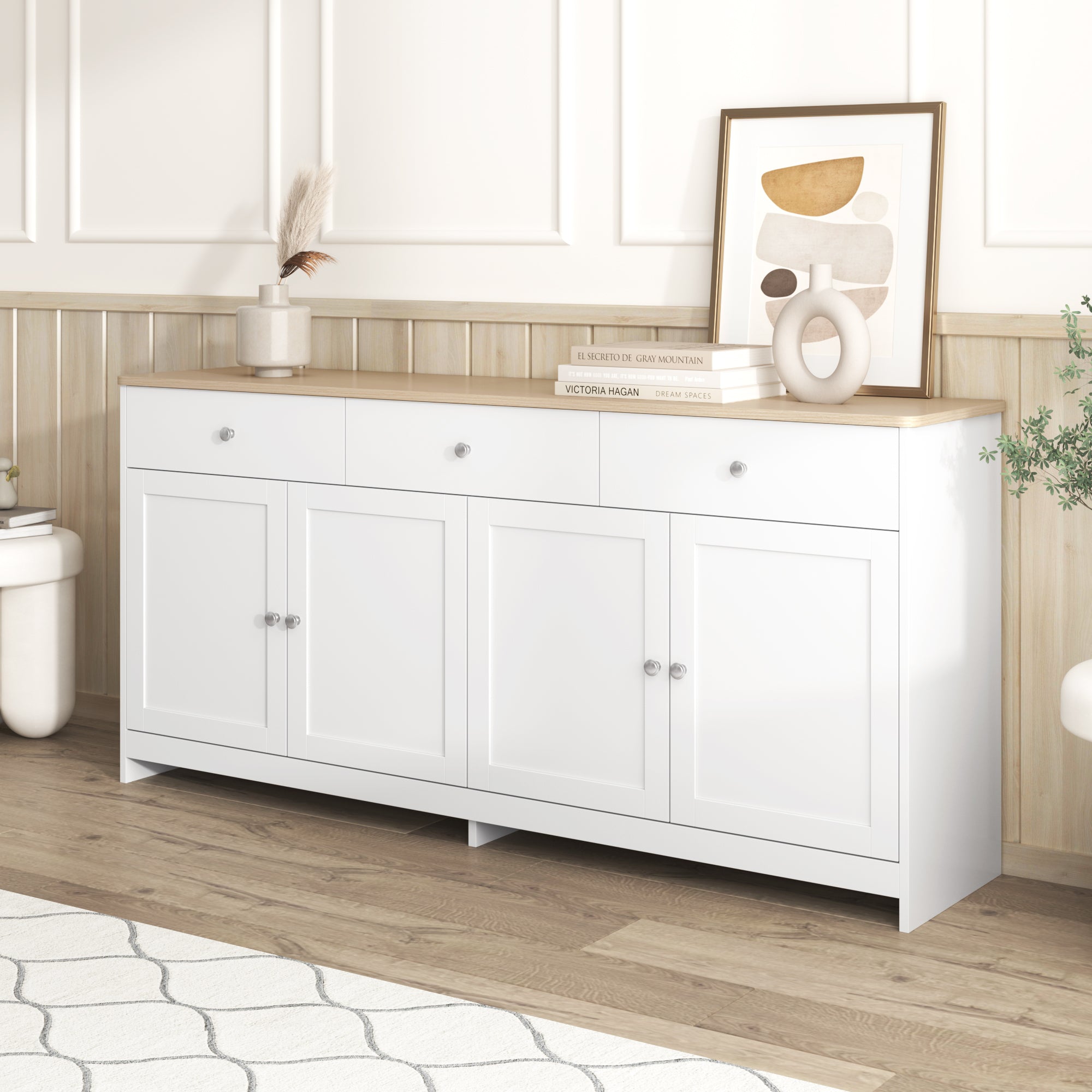 Sideboard, 4 Doors 3 Drawers, Wood Grain White
