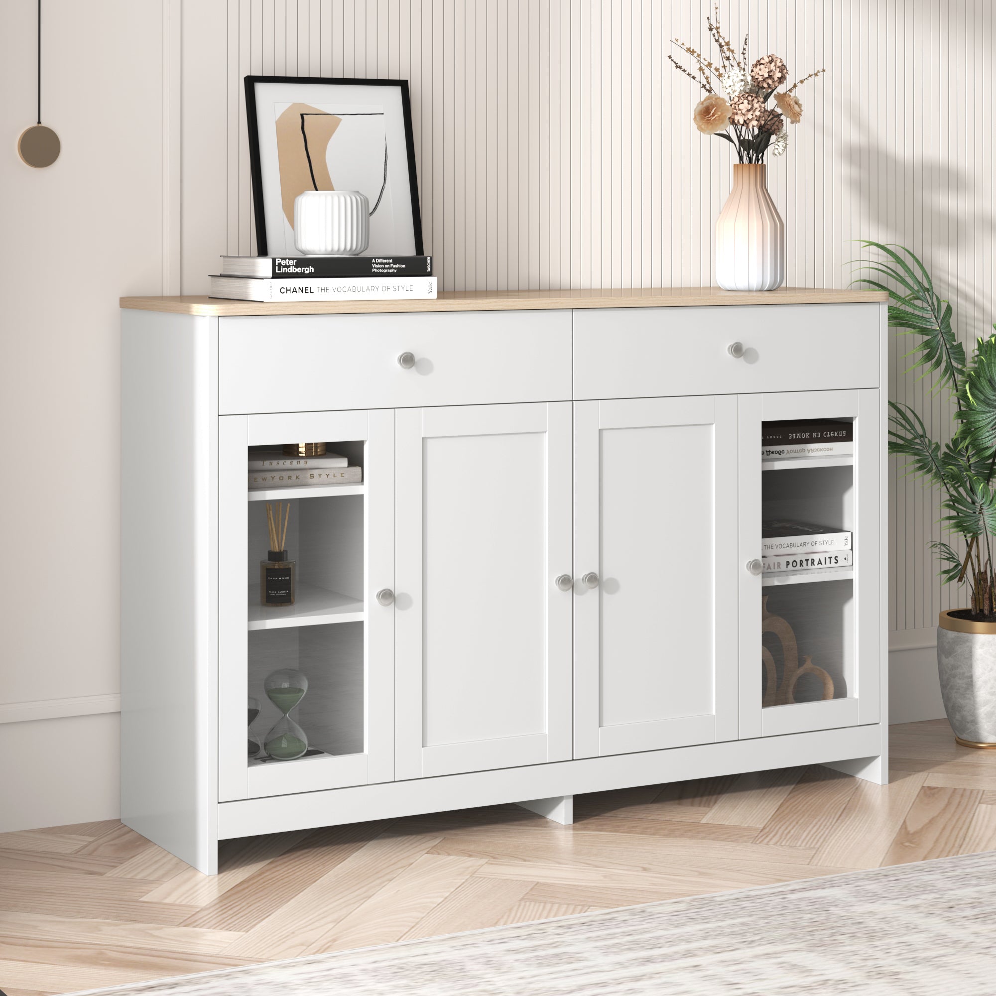 Sideboard, 4 Doors, 2 Drawers, Glass Door, White Wood
