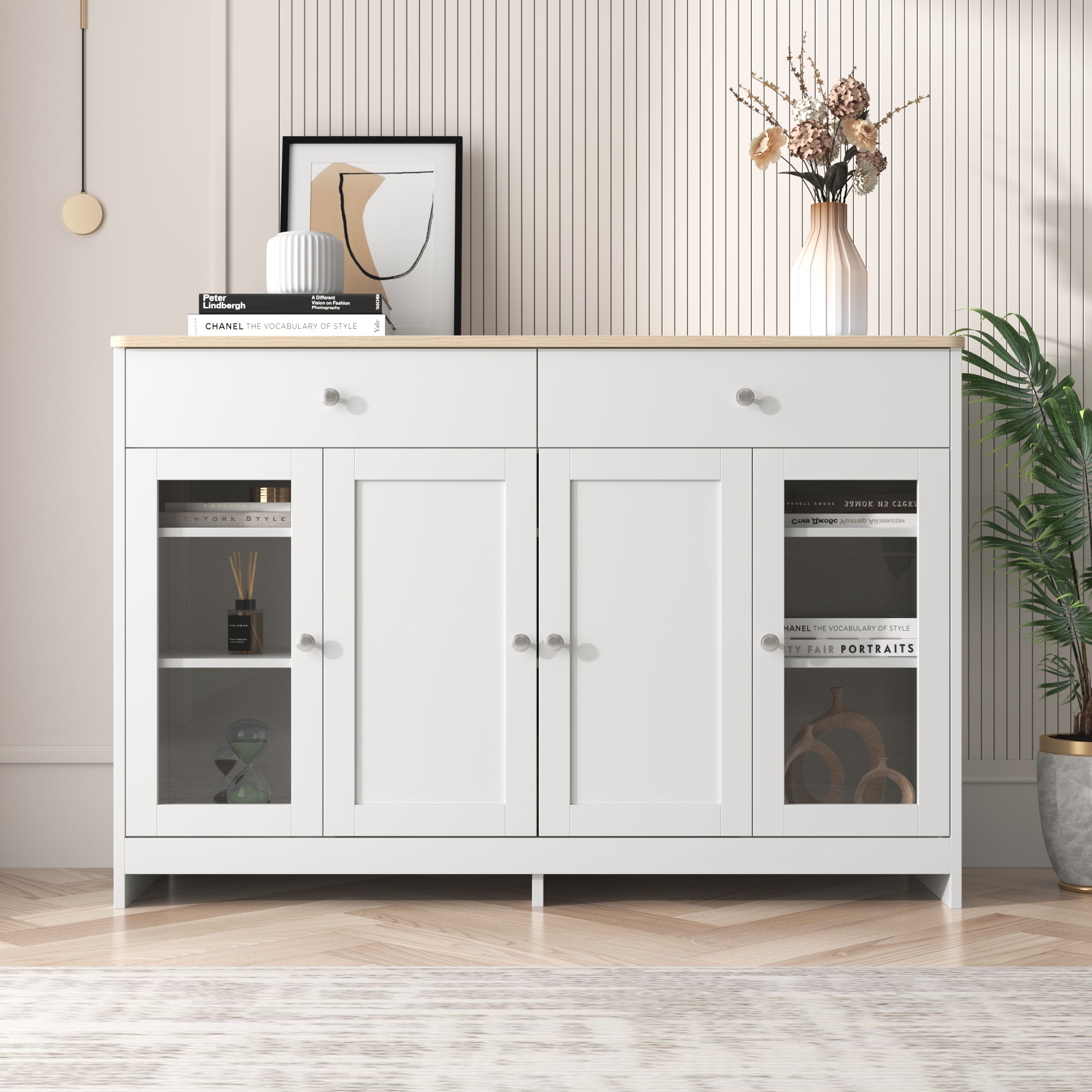 Sideboard, 4 Doors, 2 Drawers, Glass Door, White Wood