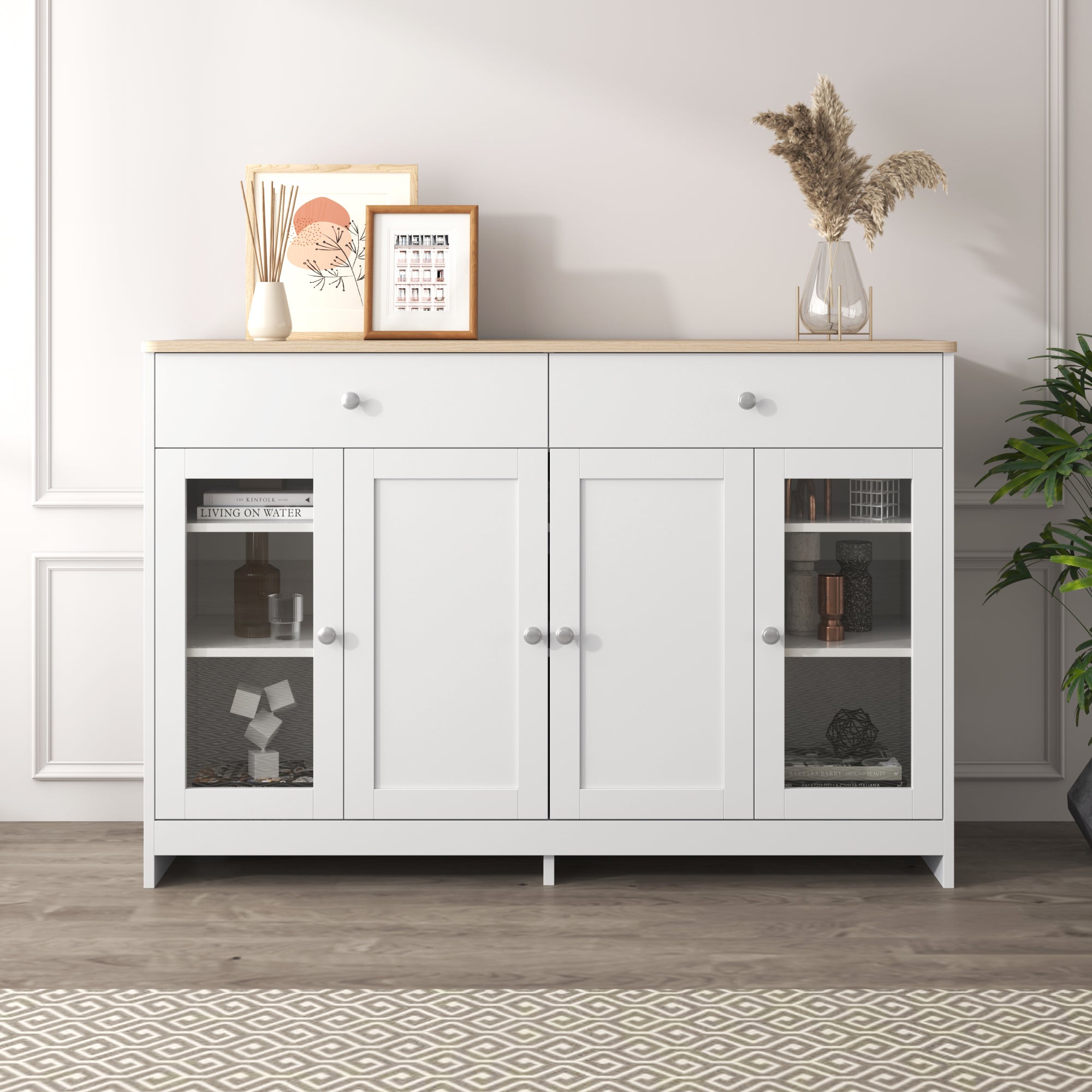 Sideboard, 4 Doors, 2 Drawers, Glass Door, White Wood