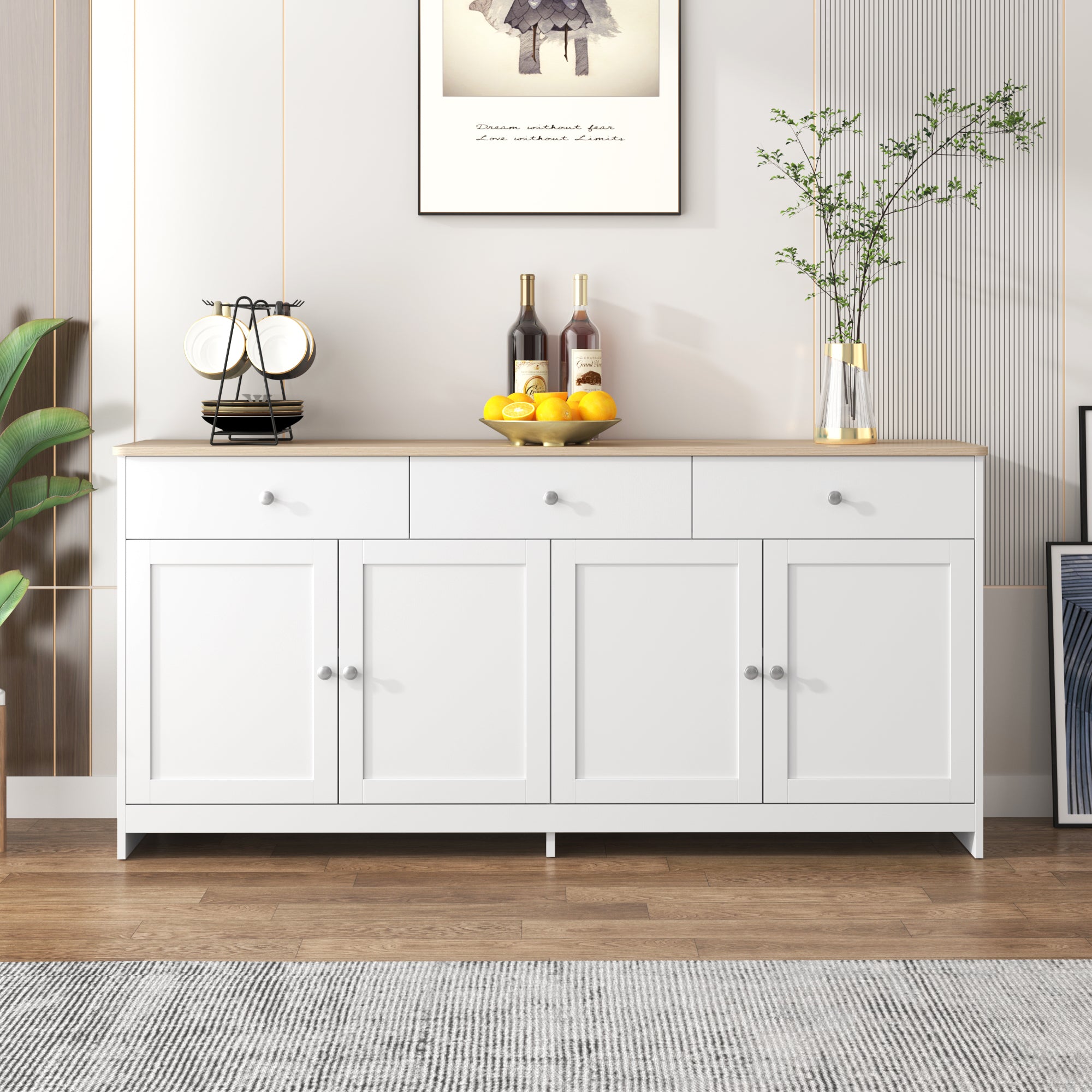 Sideboard, 4 Doors 3 Drawers, Wood Grain White