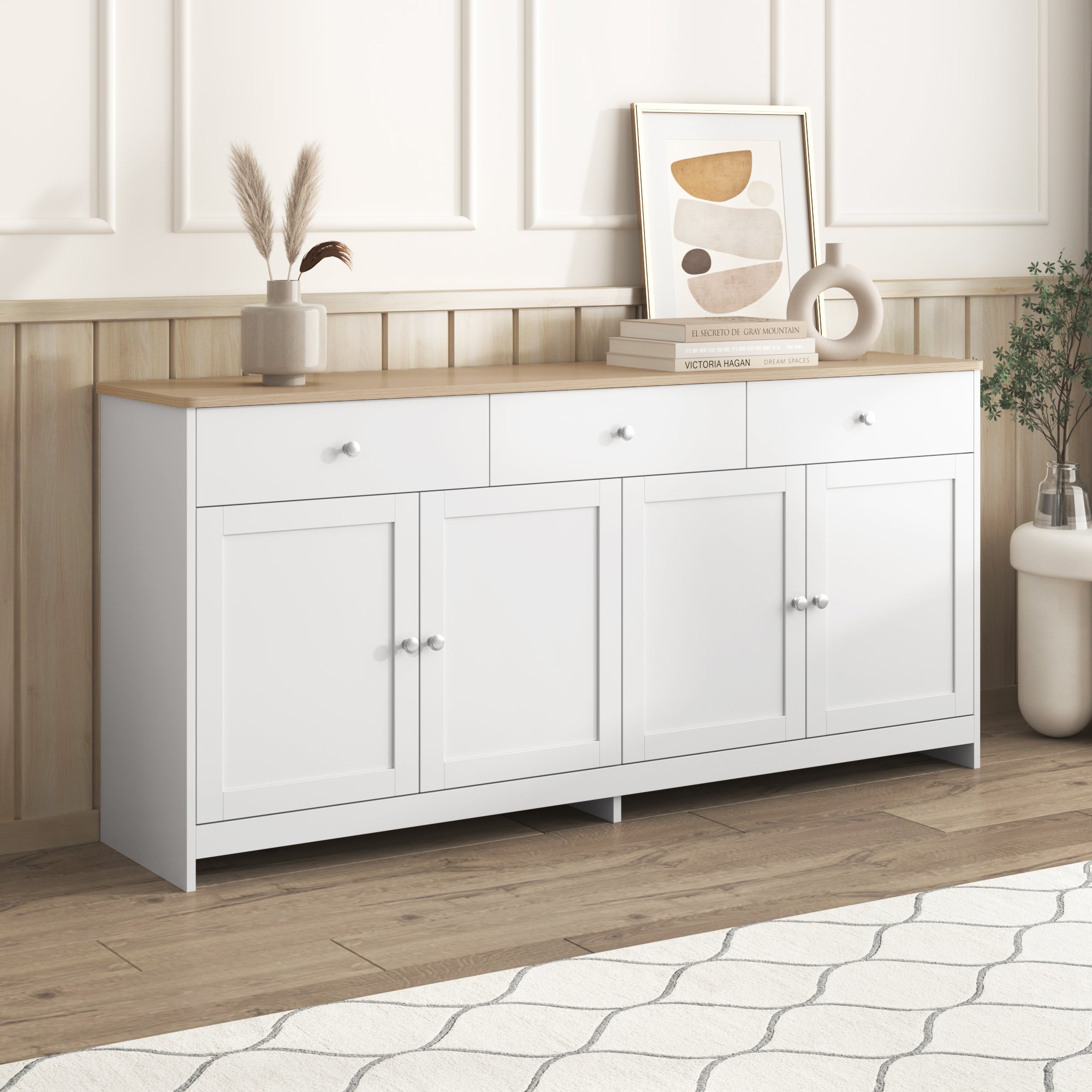 Sideboard, 4 Doors 3 Drawers, Wood Grain White