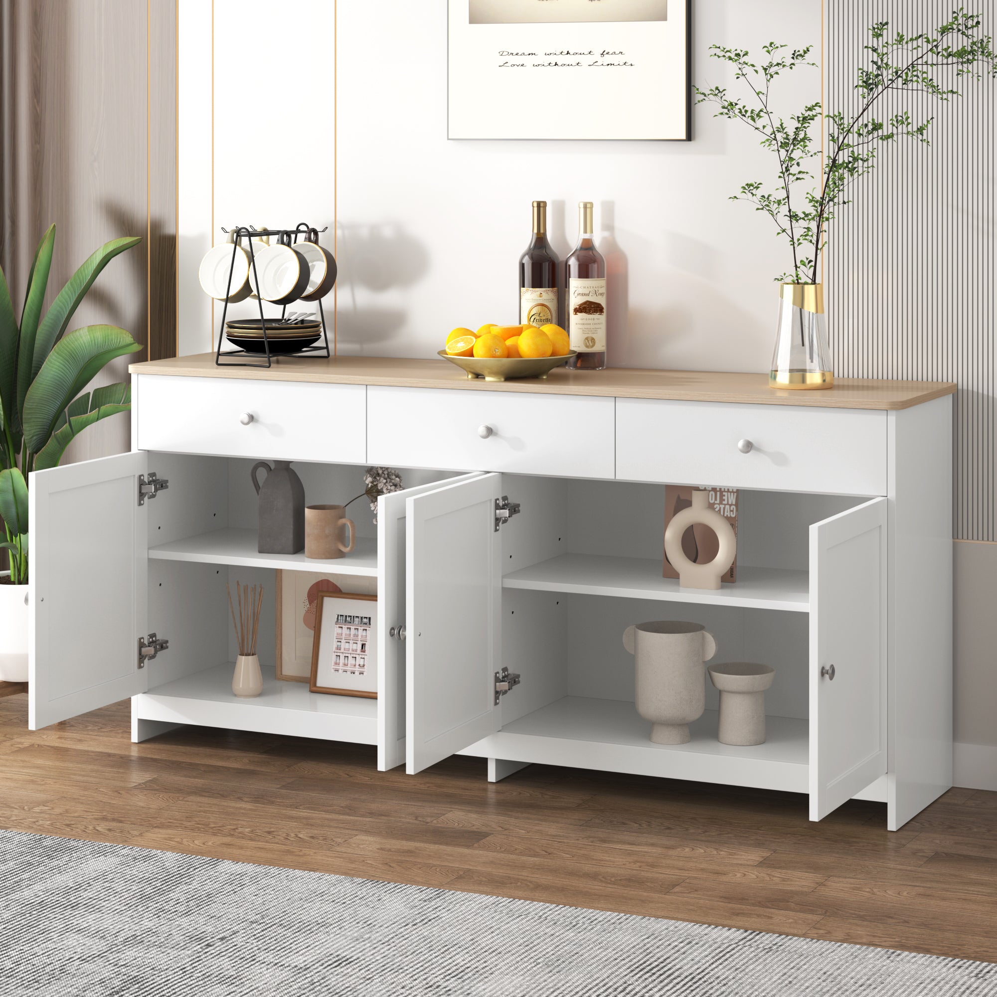 Sideboard, 4 Doors 3 Drawers, Wood Grain White