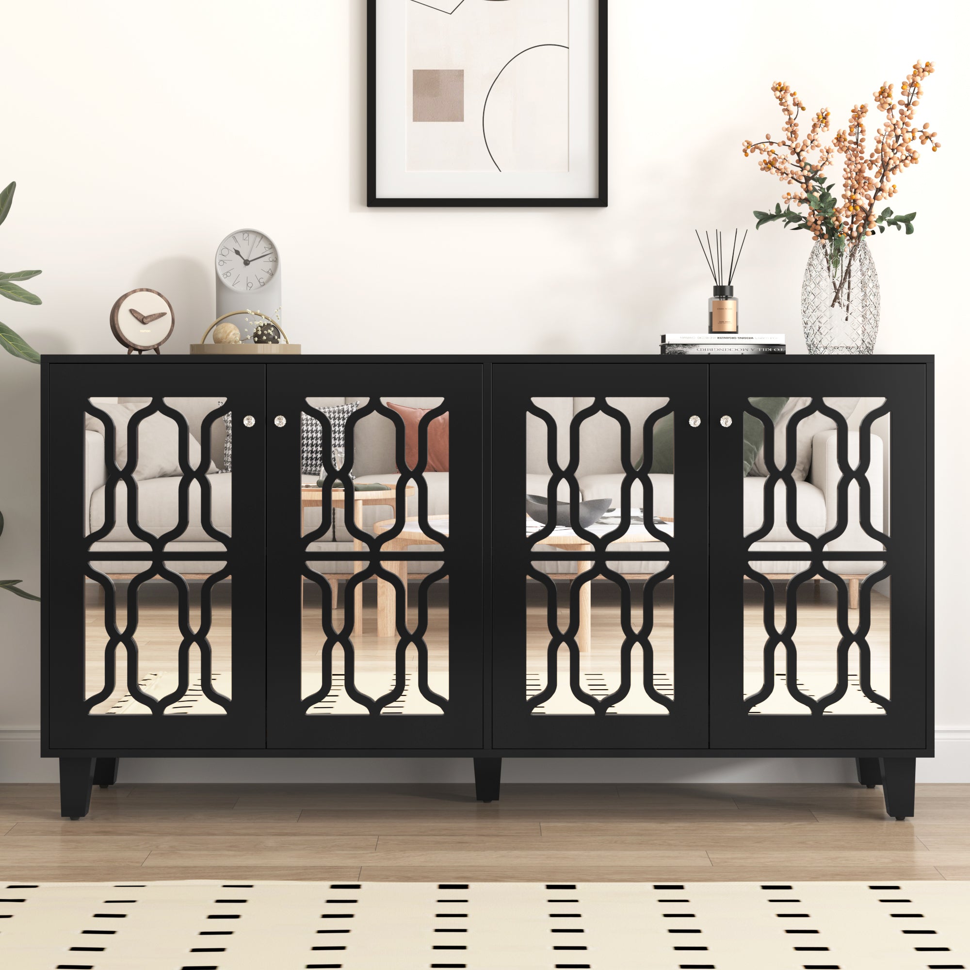 Sideboard, Mirrored with Crystal Handles, Four Doors, Black