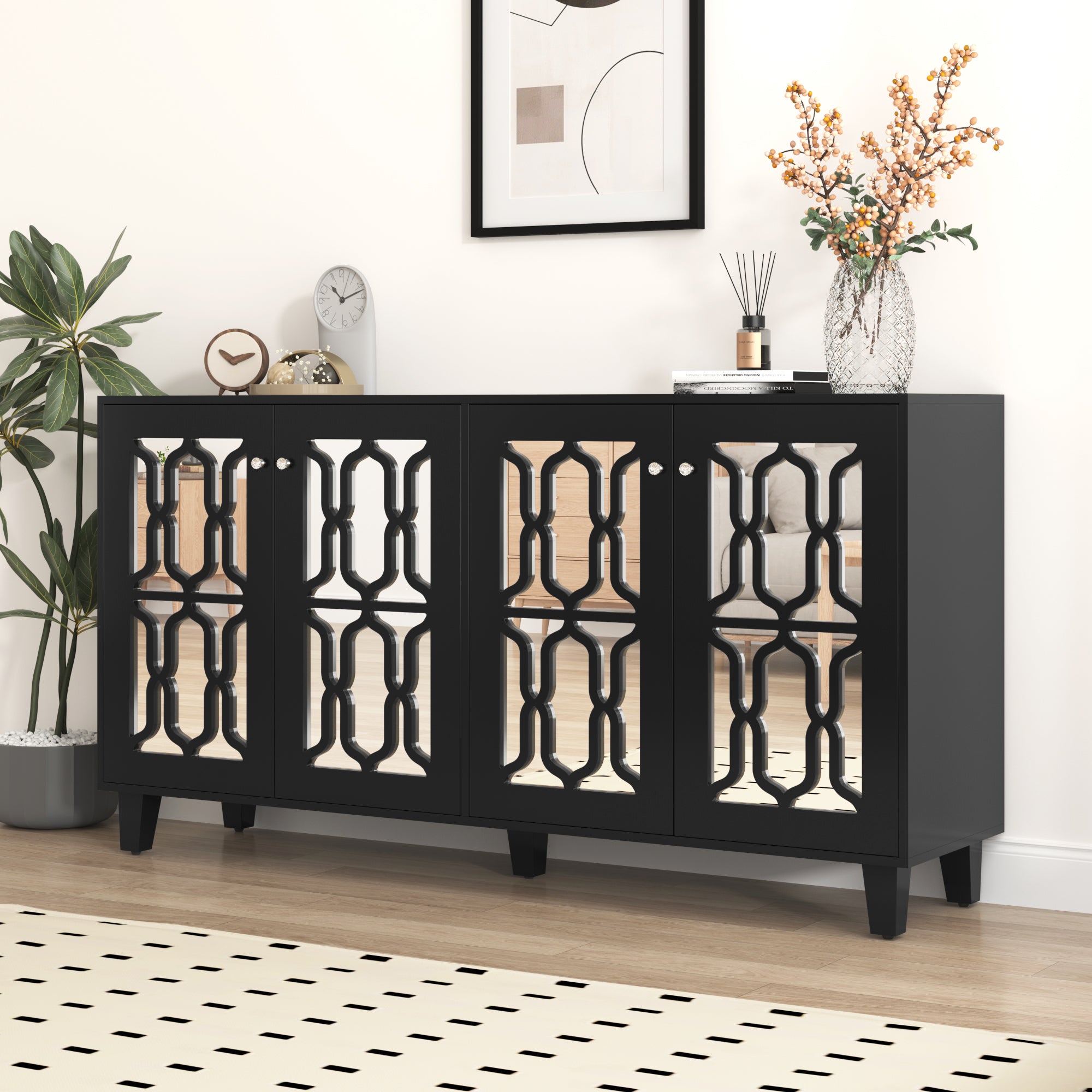 Sideboard, Mirrored with Crystal Handles, Four Doors, Black