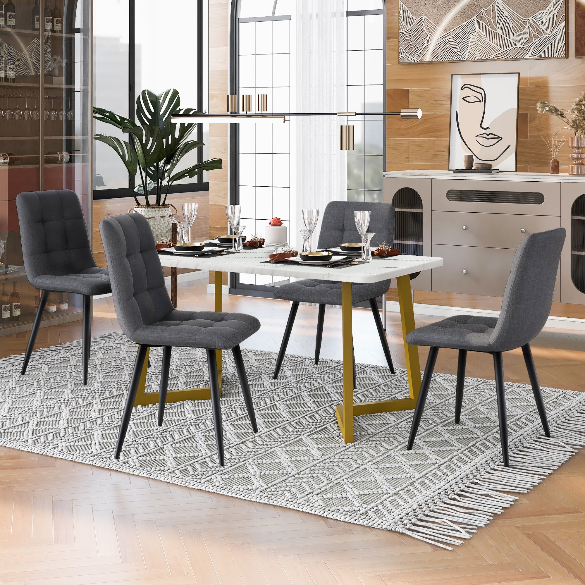 5-Piece Dining Set 117cm Rectangular Table 4 Dark Grey Linen Chairs Gold Legs