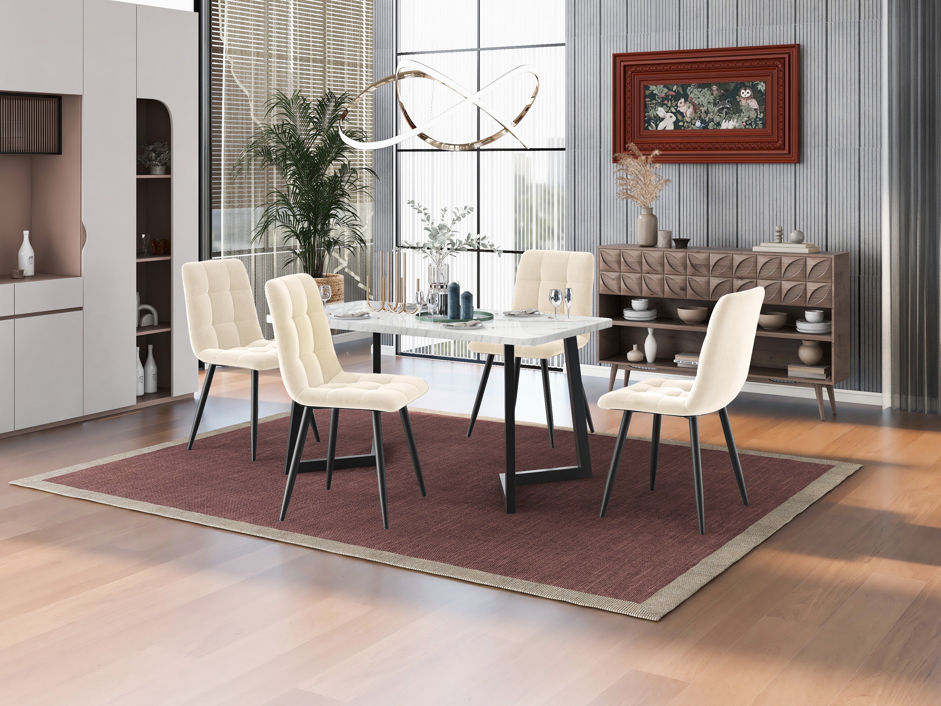 Dining Set 5-Piece 117cm Rectangular Kitchen 4 Chairs Beige Velvet Black