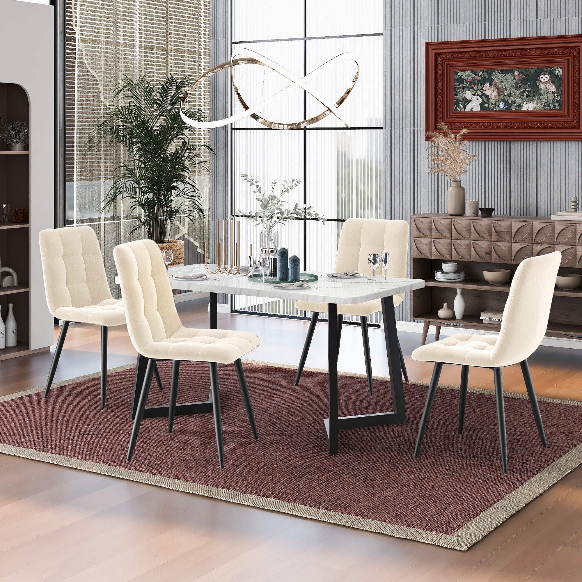 Dining Chair (Set of 4), Upholstered Design with Backrest, Velvet Seat, Metal Frame, Beige