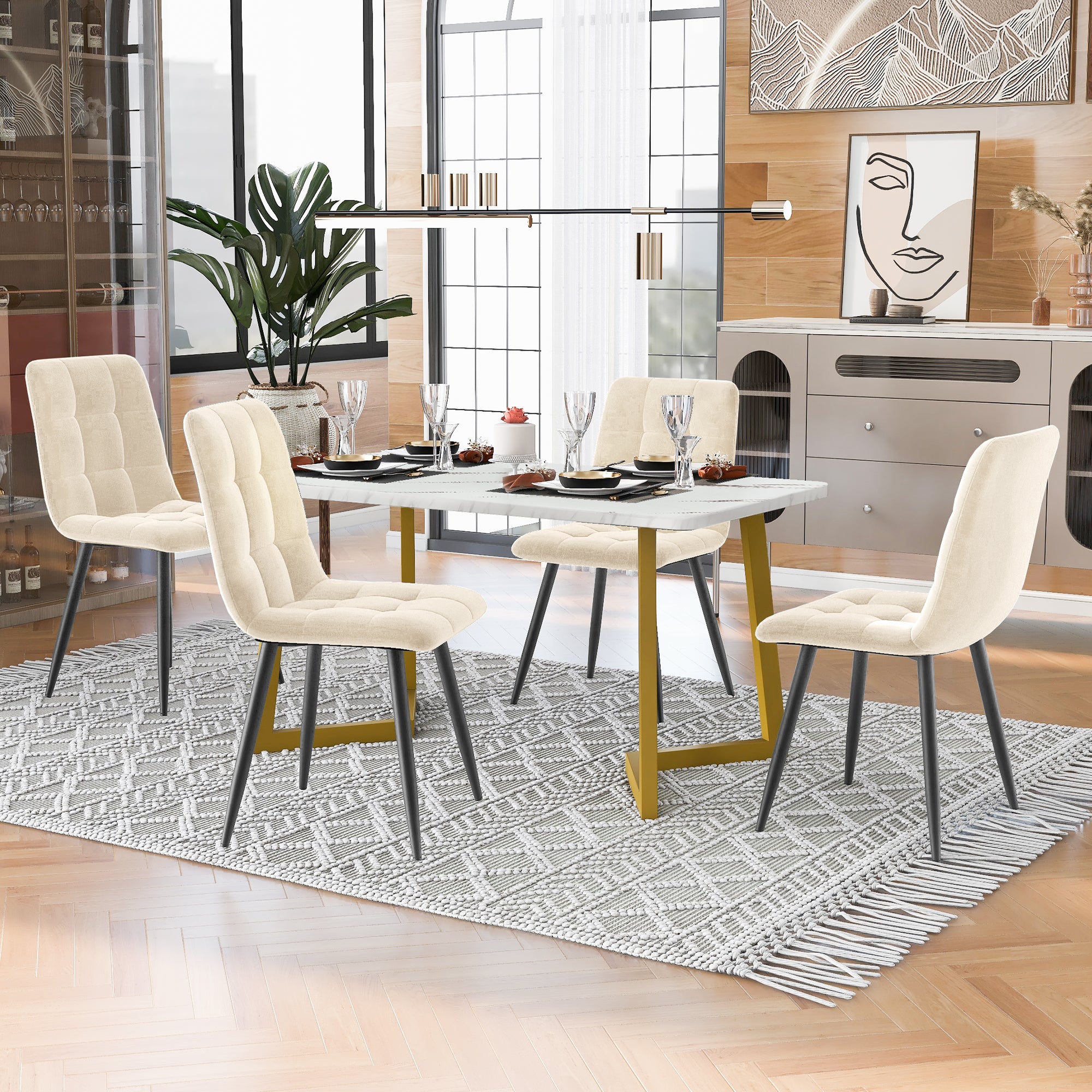 Dining Set 5-Piece 117cm Rectangular Modern Table Beige Velvet Gold Legs