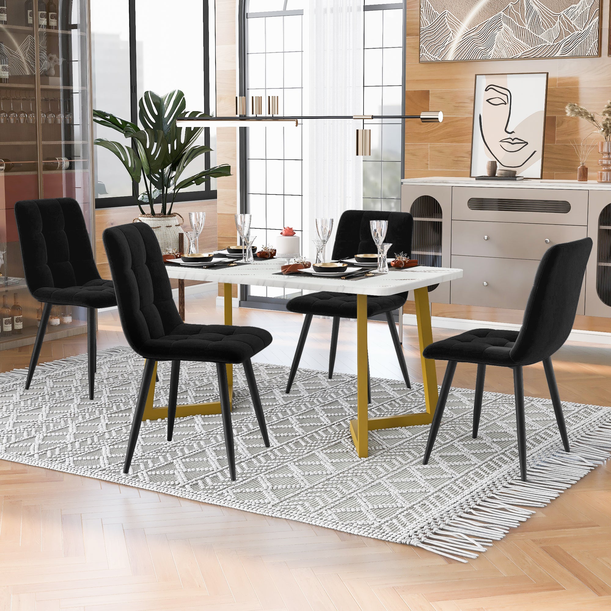 Dining Set 5-Piece 117cm Rectangular Table Black Velvet Gold Legs