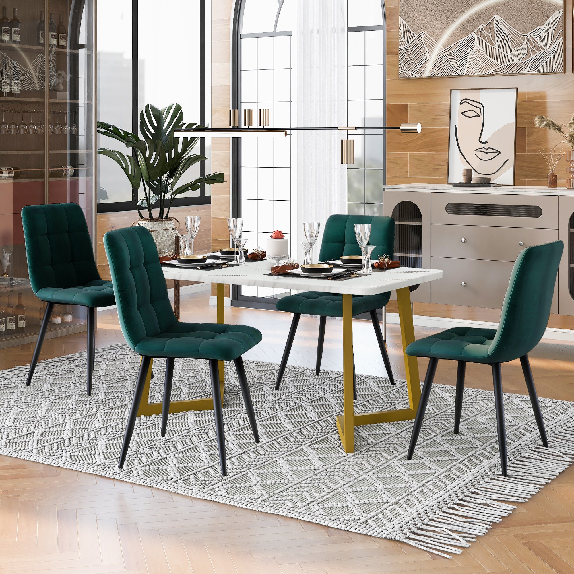 117cm Dining Set 5-Piece Rectangular Modern Dark Green Velvet Gold