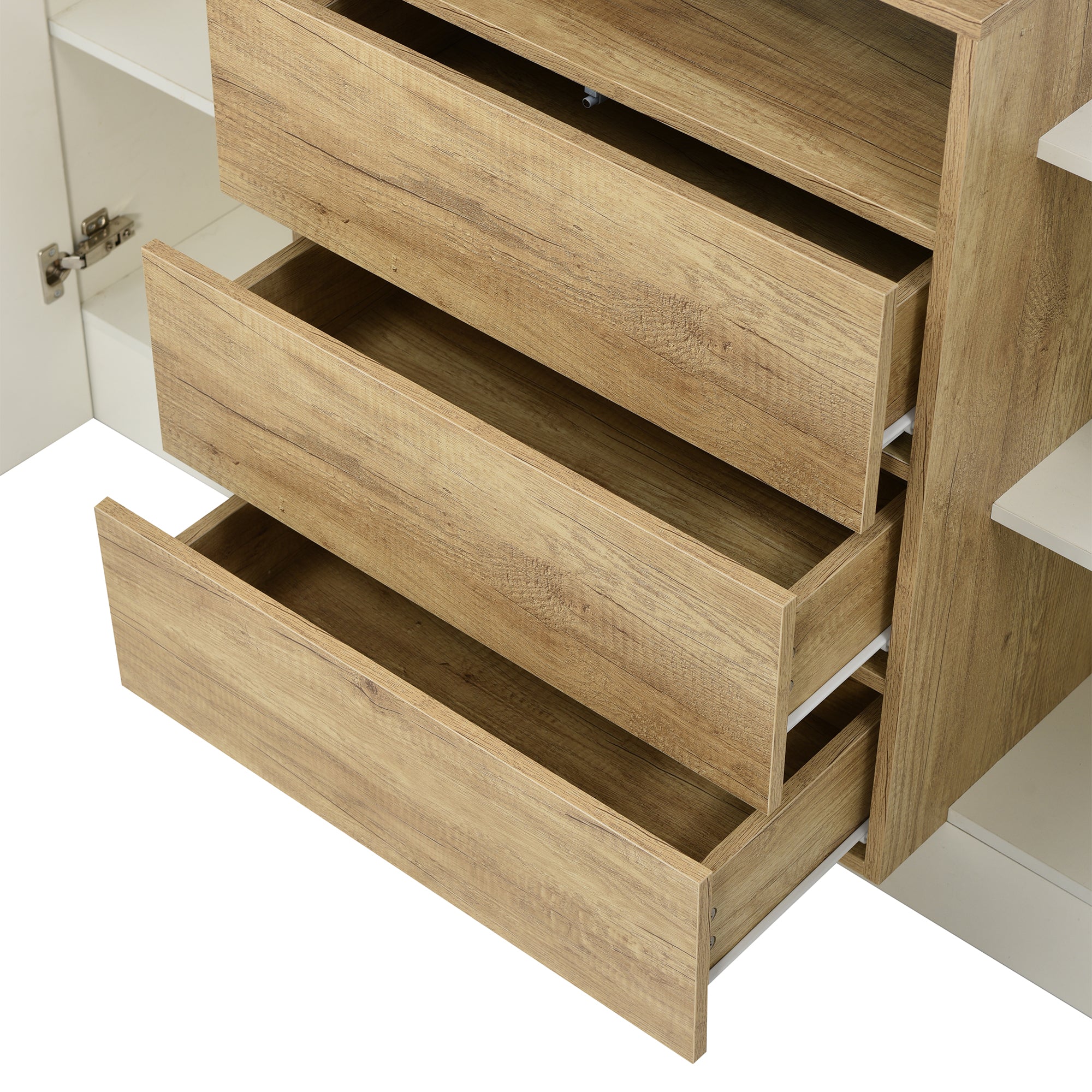 Sideboard, 140cm Modern Chest of Drawers with LED, High-Gloss White & Wood