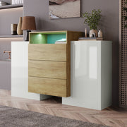 Sideboard, 140cm Modern Chest of Drawers with LED, High-Gloss White & Wood