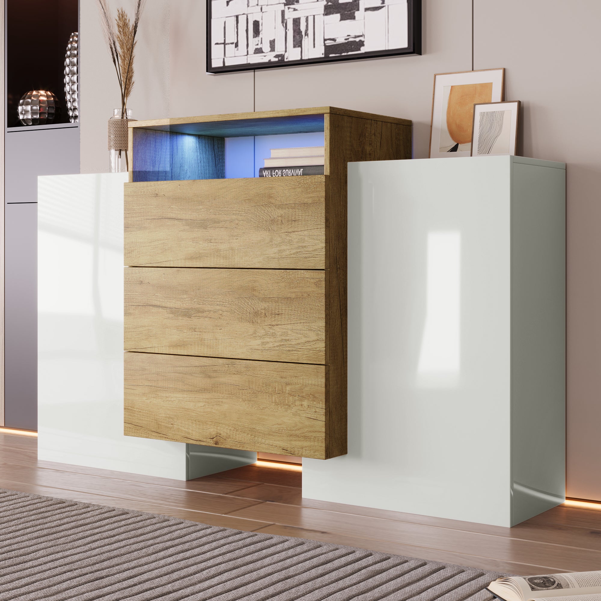 Sideboard, 140cm Modern Chest of Drawers with LED, High-Gloss White & Wood