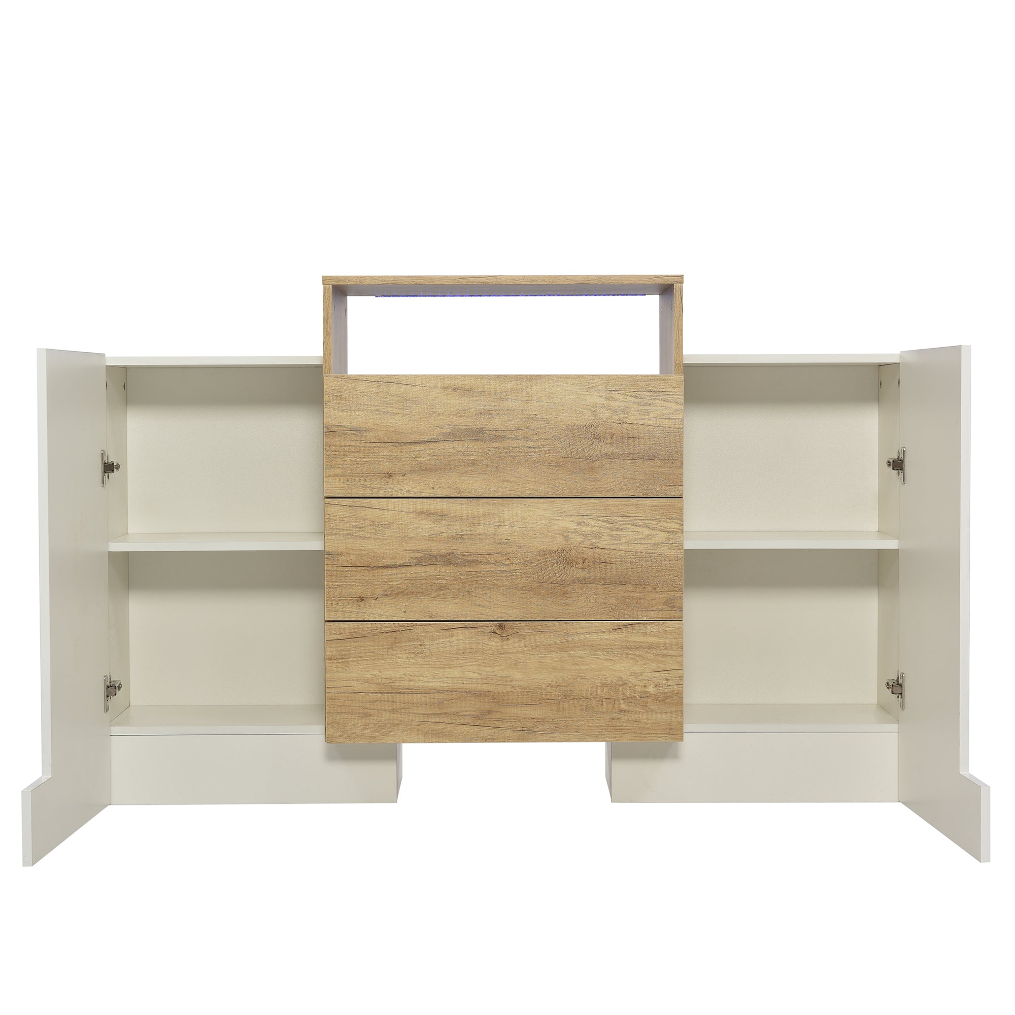 Sideboard, 140cm Modern Chest of Drawers with LED, High-Gloss White & Wood