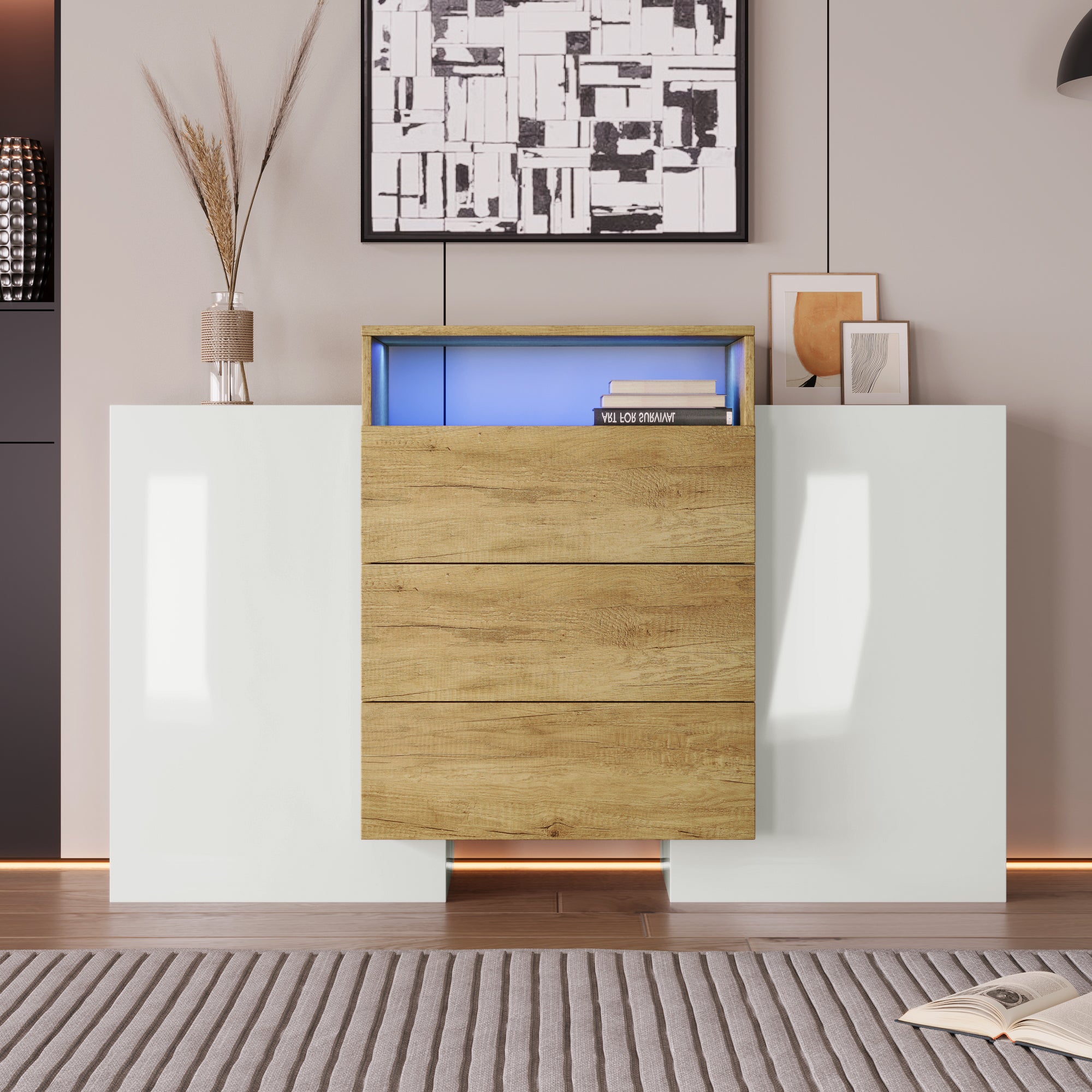 Sideboard, 140cm Modern Chest of Drawers with LED, High-Gloss White & Wood