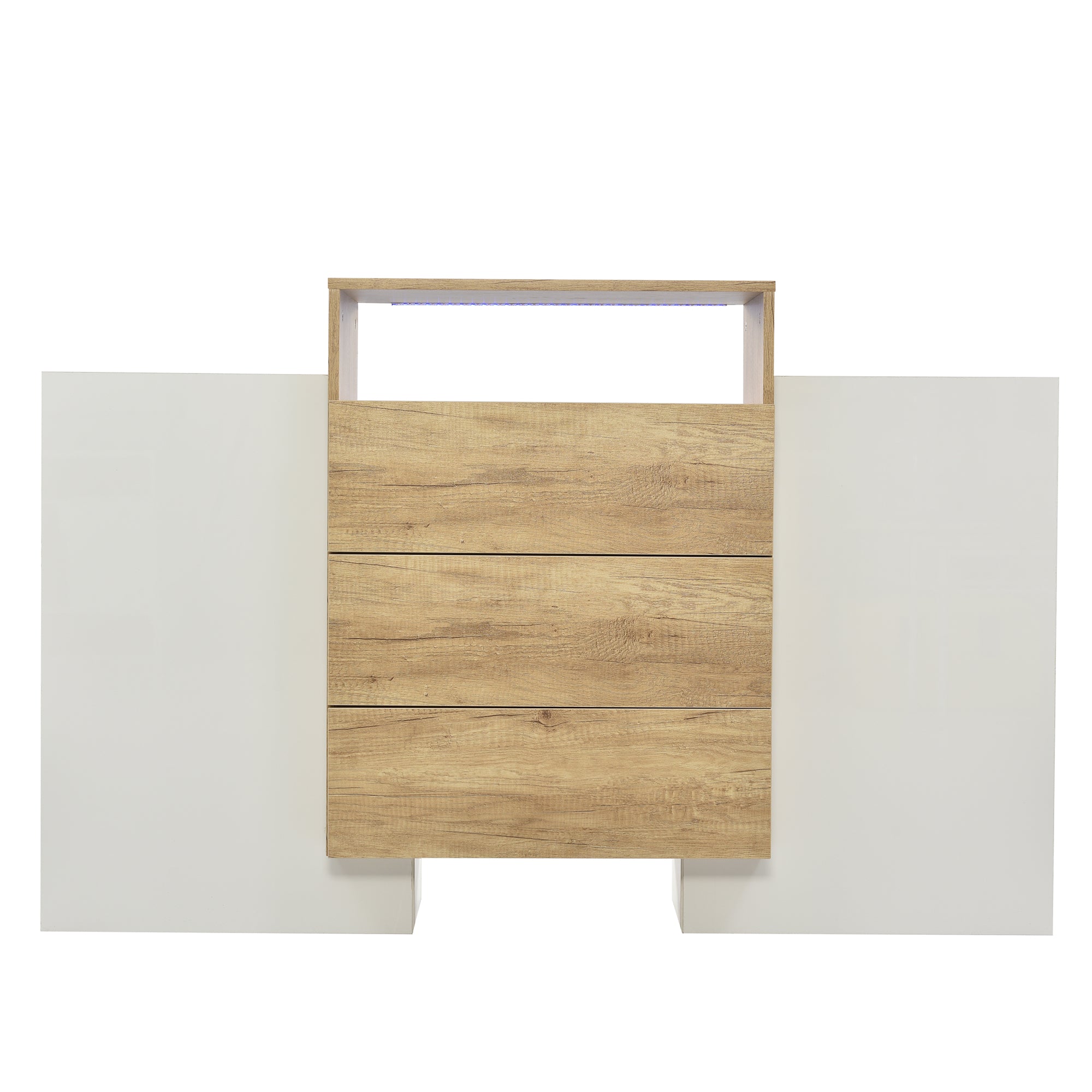 Sideboard, 140cm Modern Chest of Drawers with LED, High-Gloss White & Wood