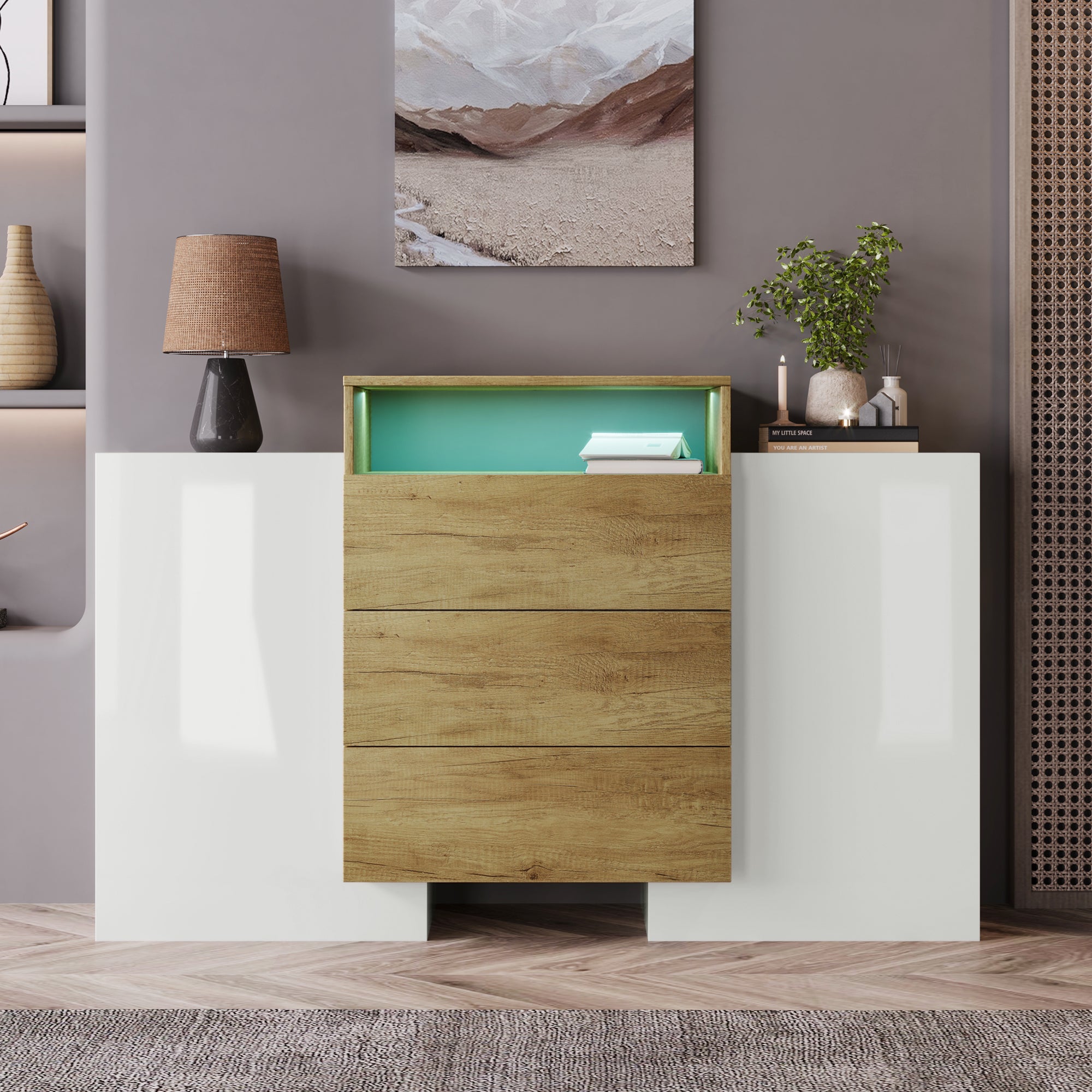 Sideboard, 140cm Modern Chest of Drawers with LED, High-Gloss White & Wood