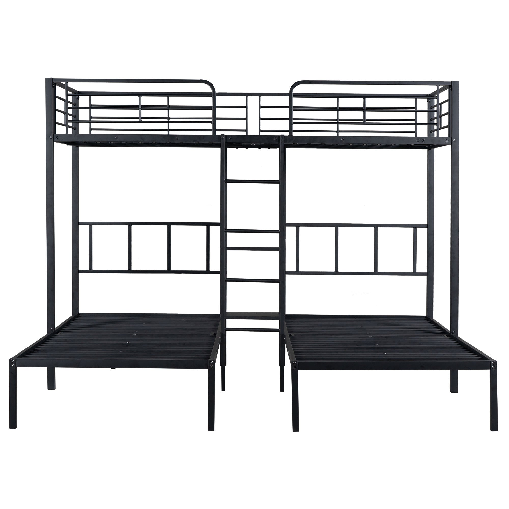 Triple Bunk Bed with Ladder, Safety Rail & Table, Black Iron