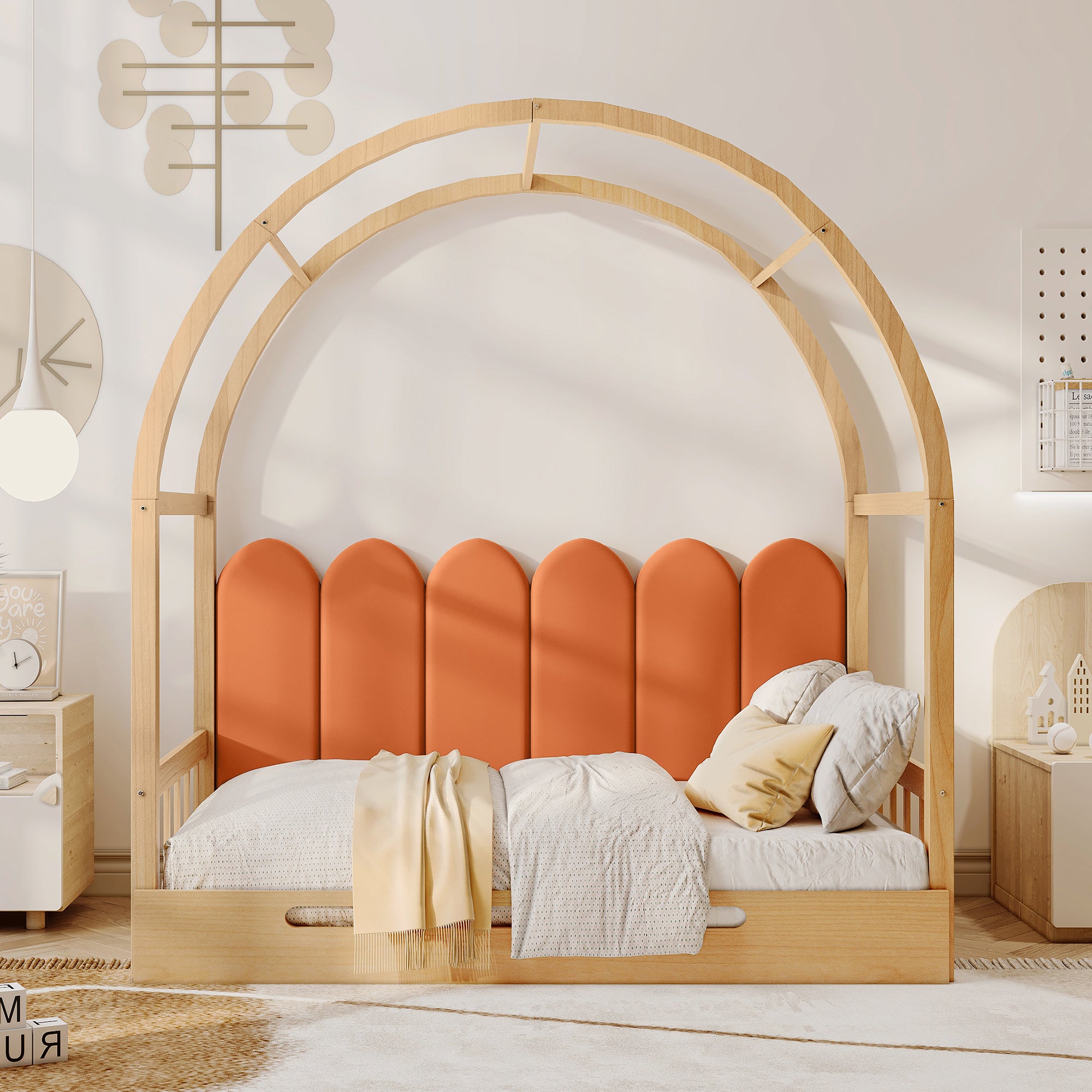 Loft Bed, Expandable Vaulted Sliding, Velvet Cushions, Pinewood Frame, Natural and Orange
