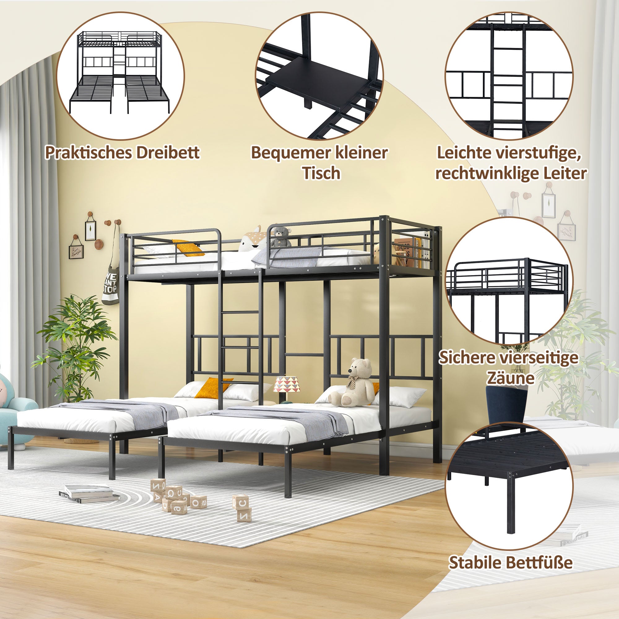 Triple Bunk Bed with Ladder, Safety Rail & Table, Black Iron