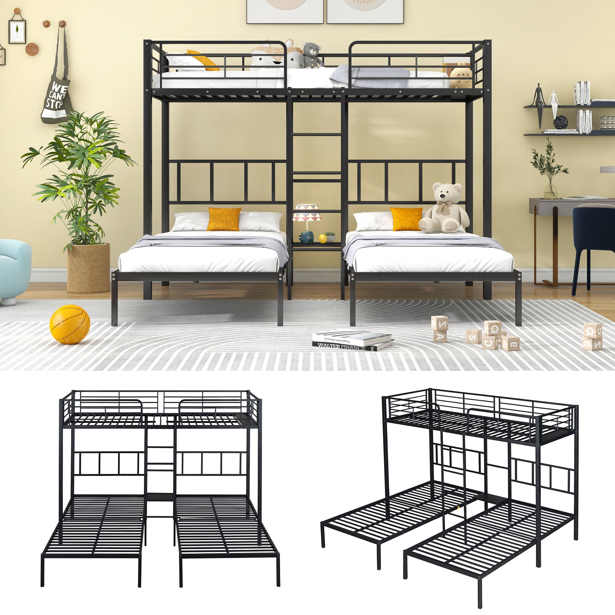 Triple Bunk Bed with Ladder, Safety Rail & Table, Black Iron