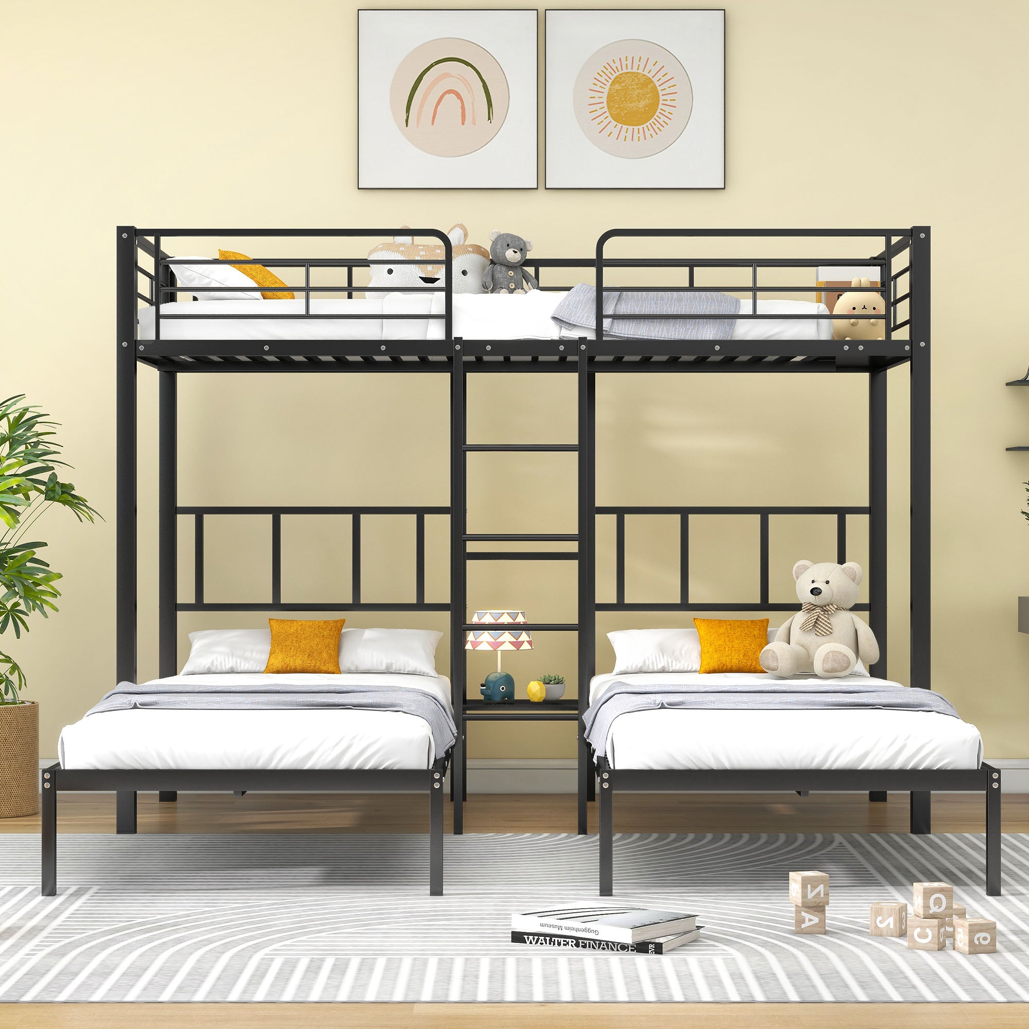 Triple Bunk Bed with Ladder, Safety Rail & Table, Black Iron