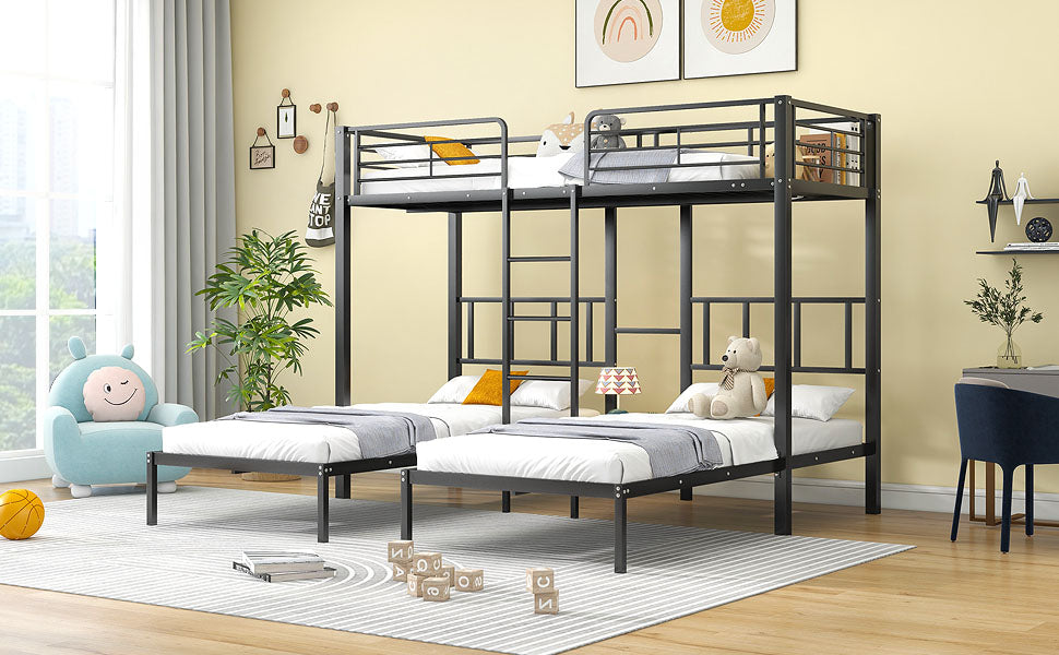 Triple Bunk Bed with Ladder, Safety Rail & Table, Black Iron