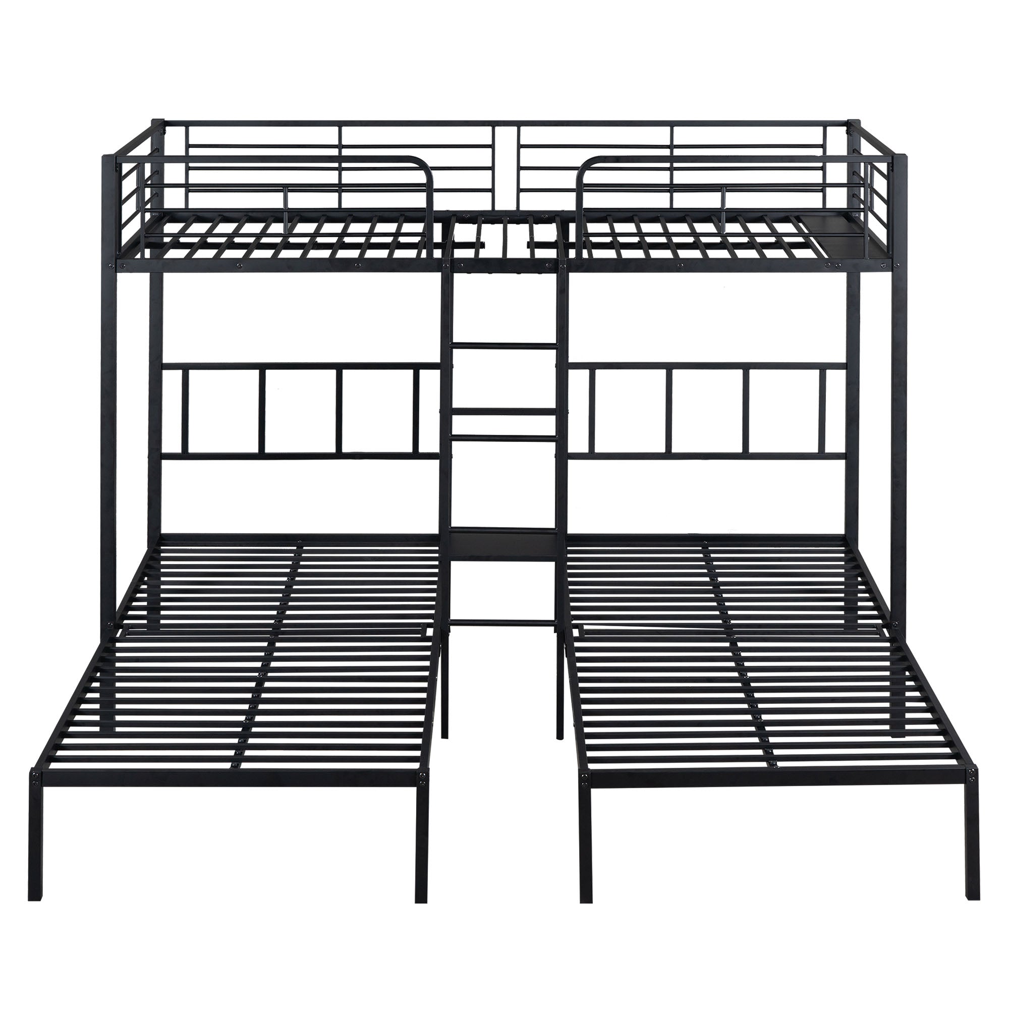 Triple Bunk Bed with Ladder, Safety Rail & Table, Black Iron
