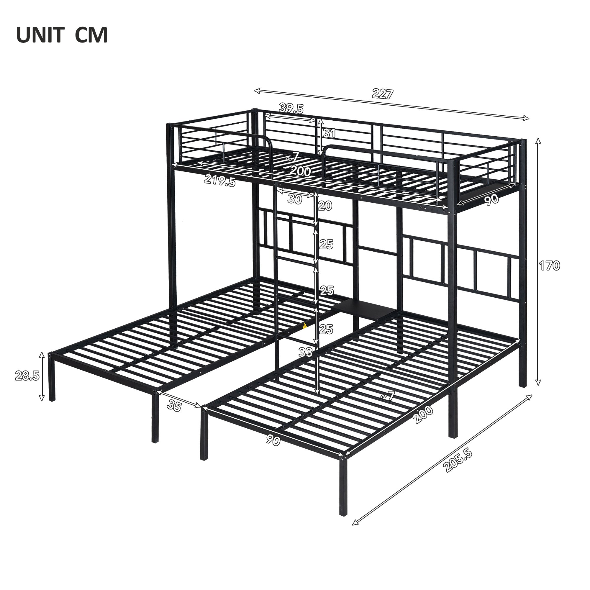 Triple Bunk Bed with Ladder, Safety Rail & Table, Black Iron