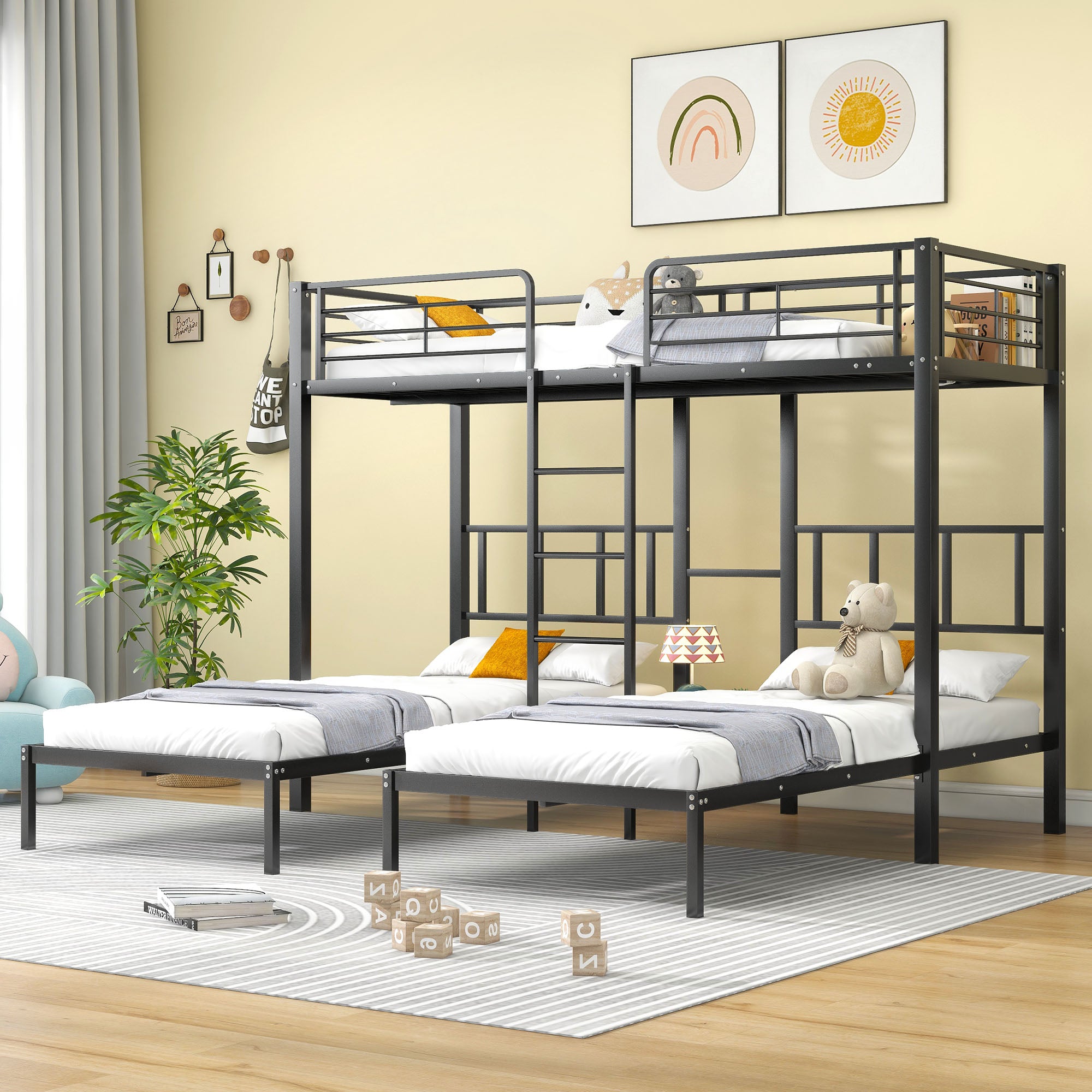 Triple Bunk Bed with Ladder, Safety Rail & Table, Black Iron