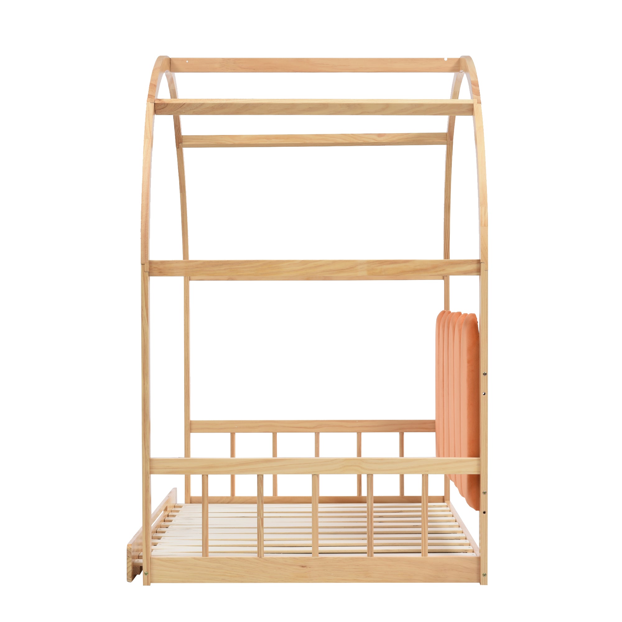 Loft Bed, Expandable Vaulted Sliding, Velvet Cushions, Pinewood Frame, Natural and Orange