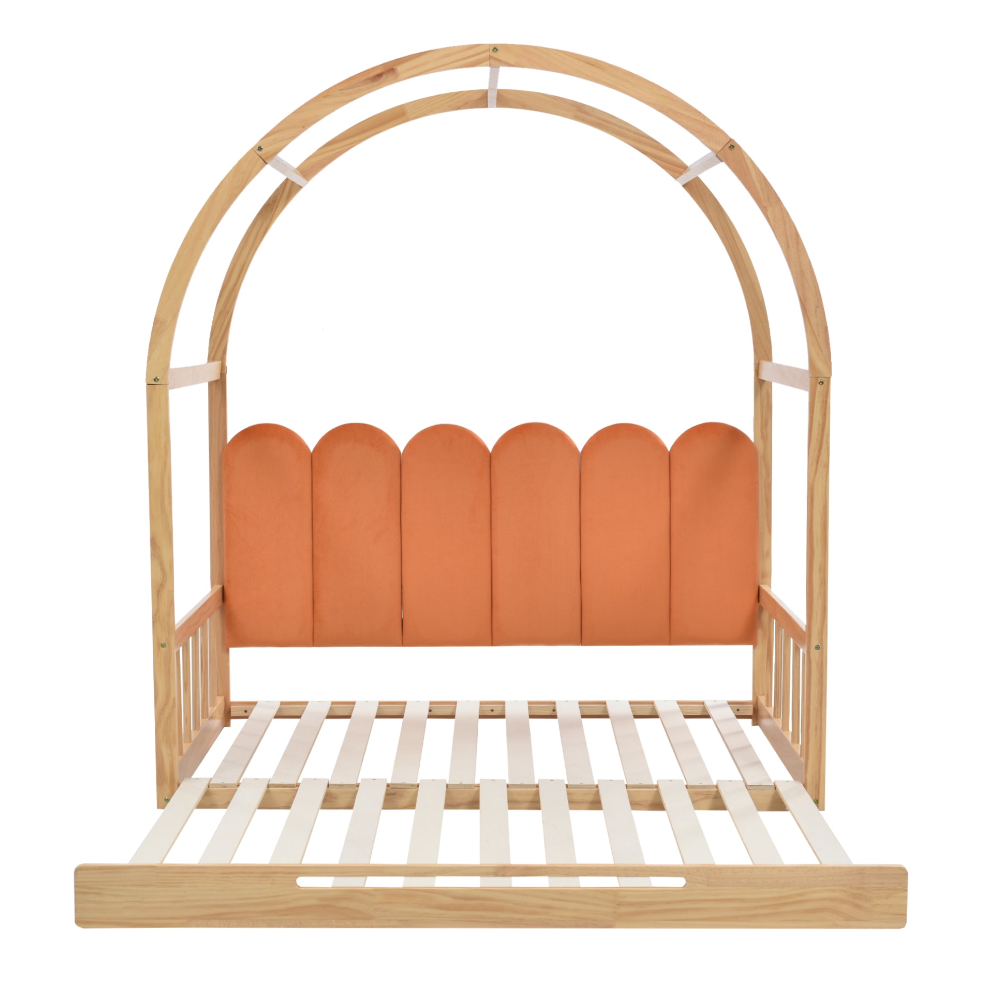 Loft Bed, Expandable Vaulted Sliding, Velvet Cushions, Pinewood Frame, Natural and Orange