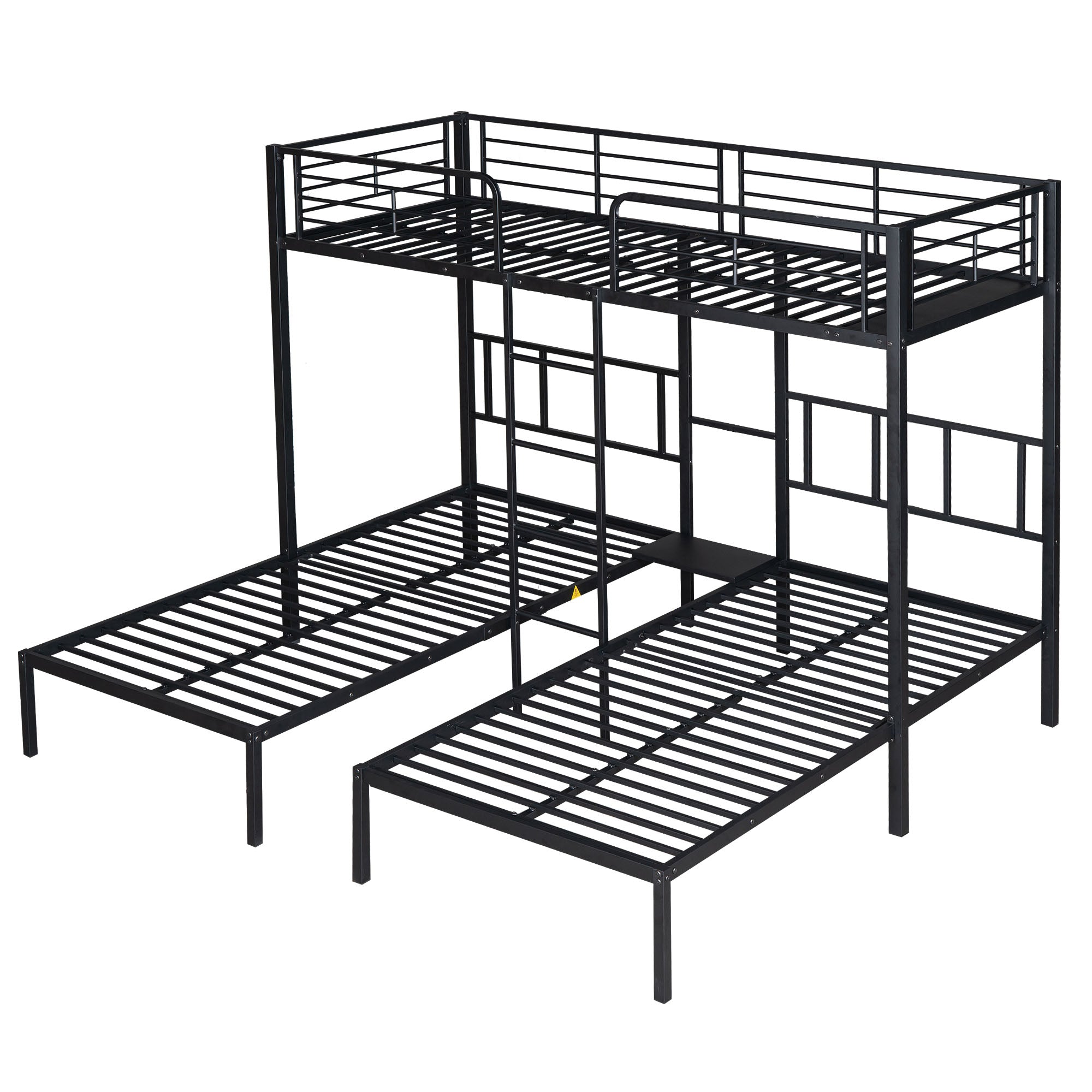 Triple Bunk Bed with Ladder, Safety Rail & Table, Black Iron