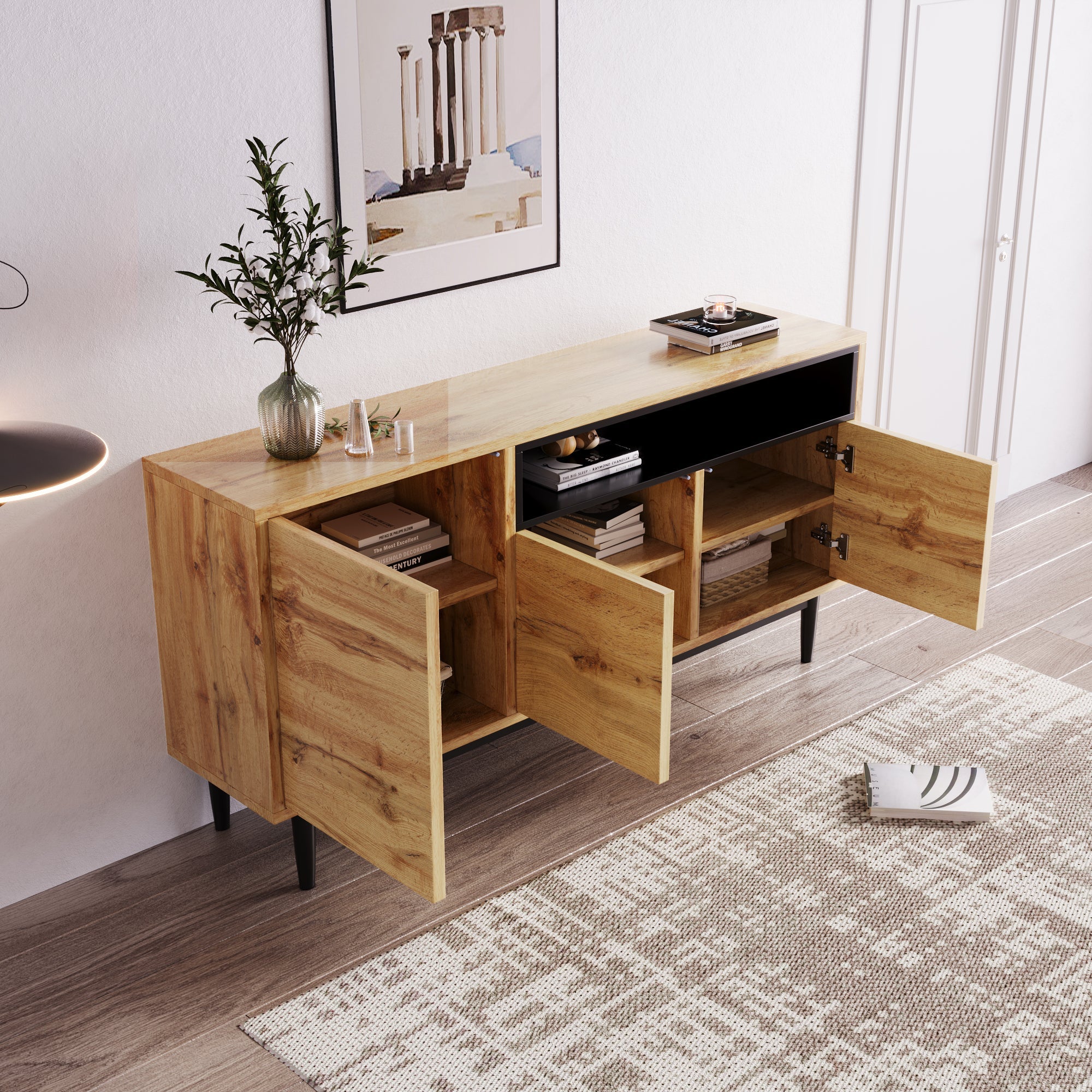 Modern Wooden Sideboard with Three Doors and Shelves, 160 x 35 x 76 cm, Wood