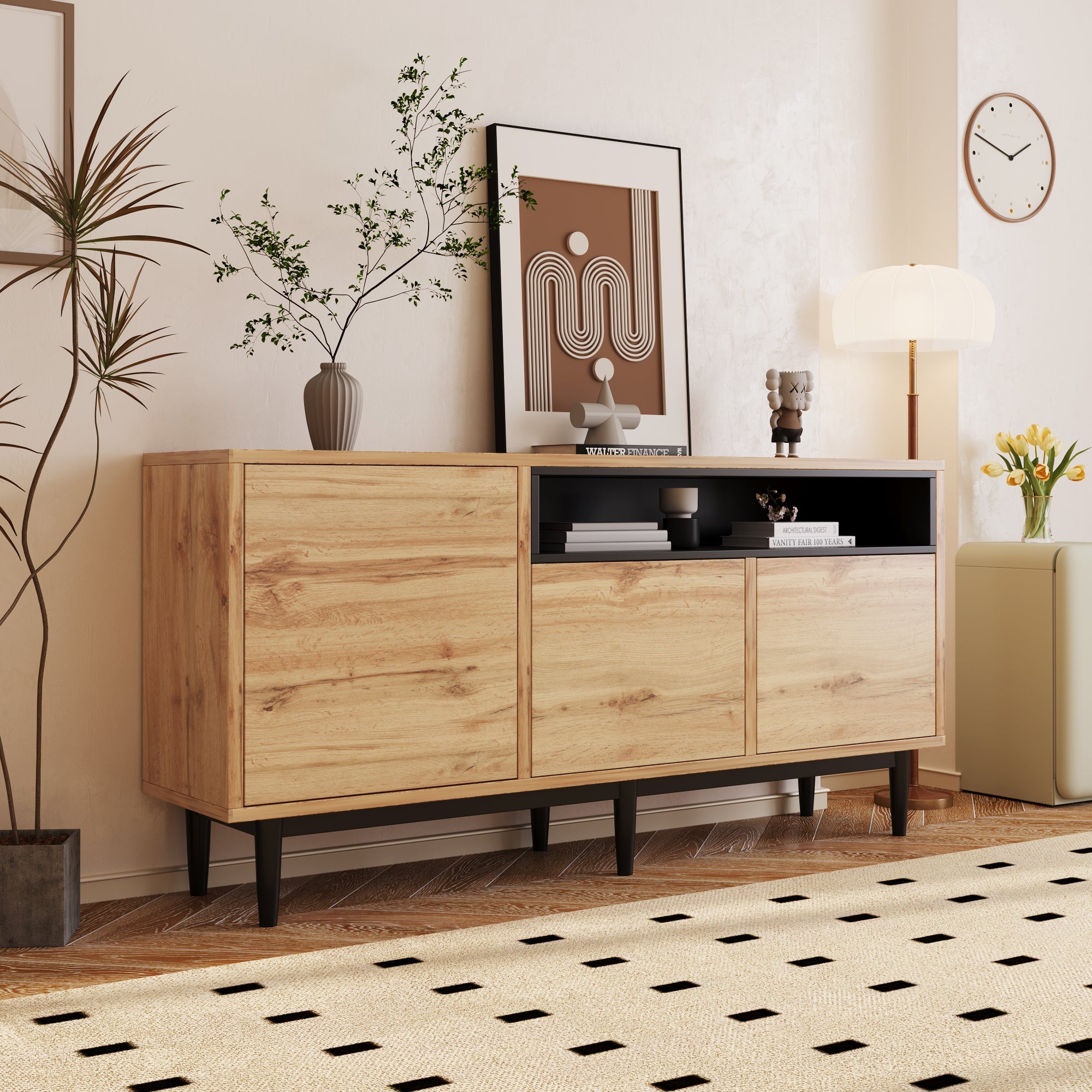 Modern Wooden Sideboard with Three Doors and Shelves, 160 x 35 x 76 cm, Wood