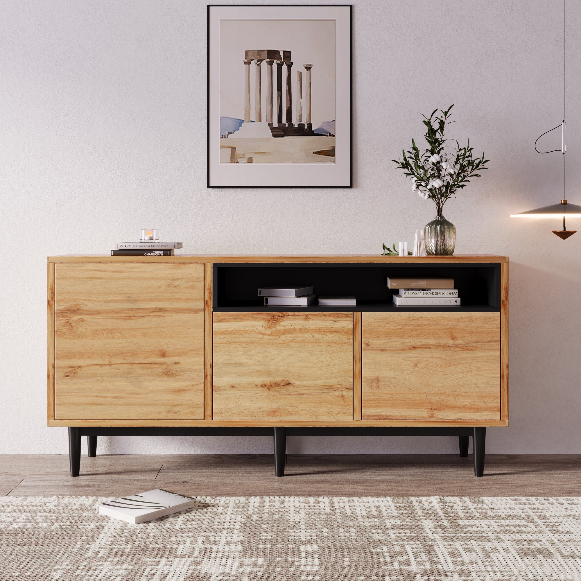 Modern Wooden Sideboard with Three Doors and Shelves, 160 x 35 x 76 cm, Wood