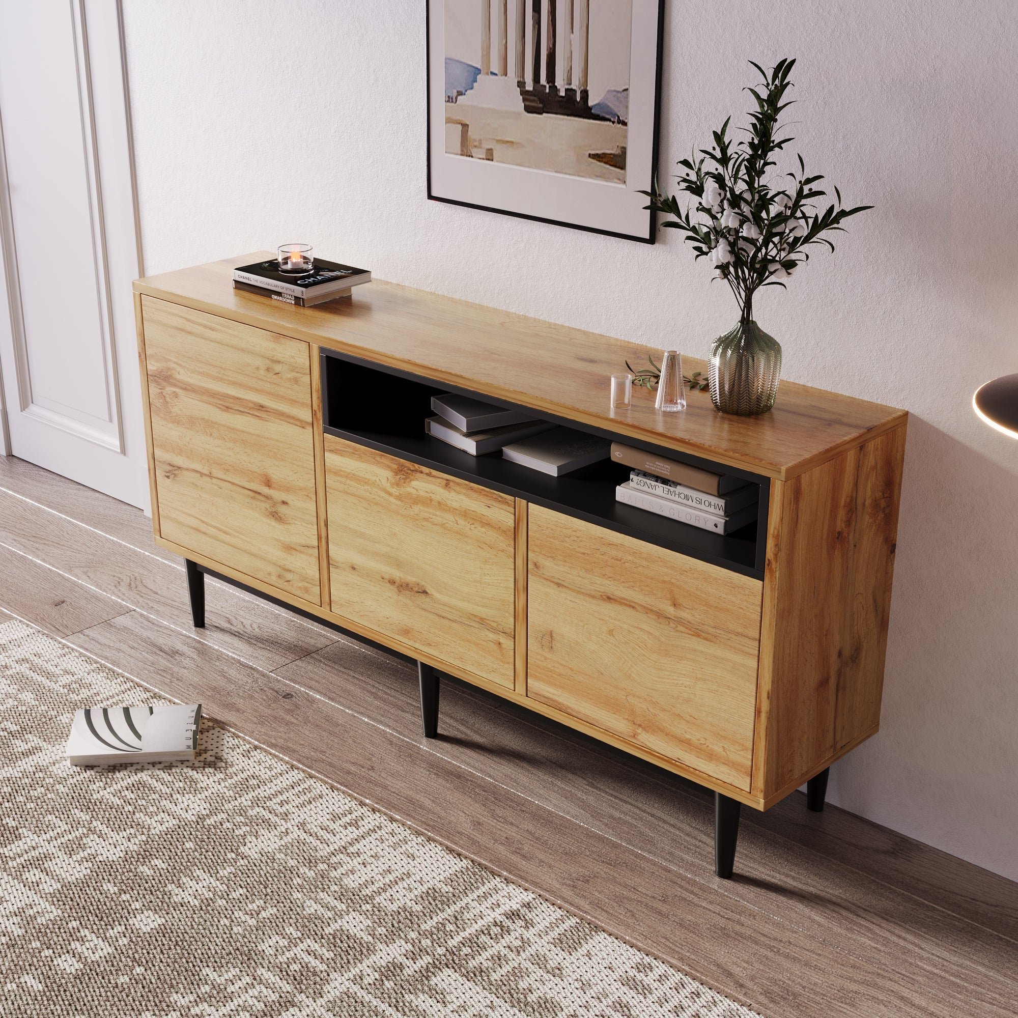 Modern Wooden Sideboard with Three Doors and Shelves, 160 x 35 x 76 cm, Wood