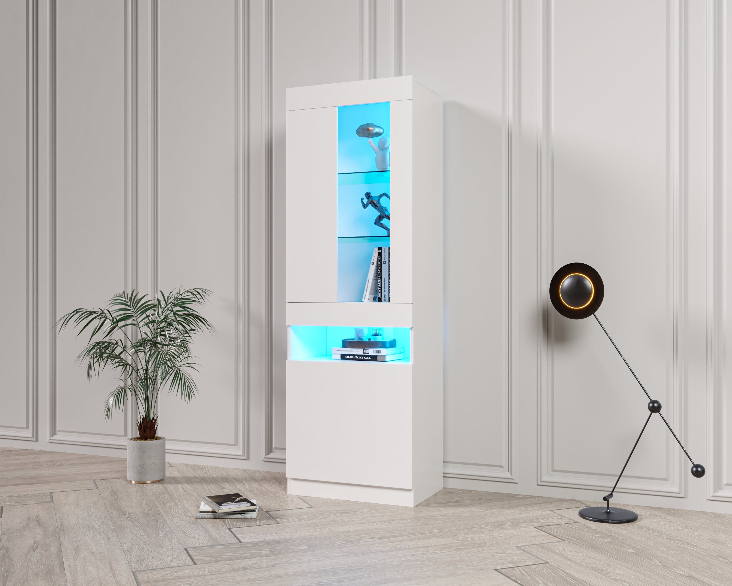 Display Cabinet, 16-Color LED, Freestanding Storage, White