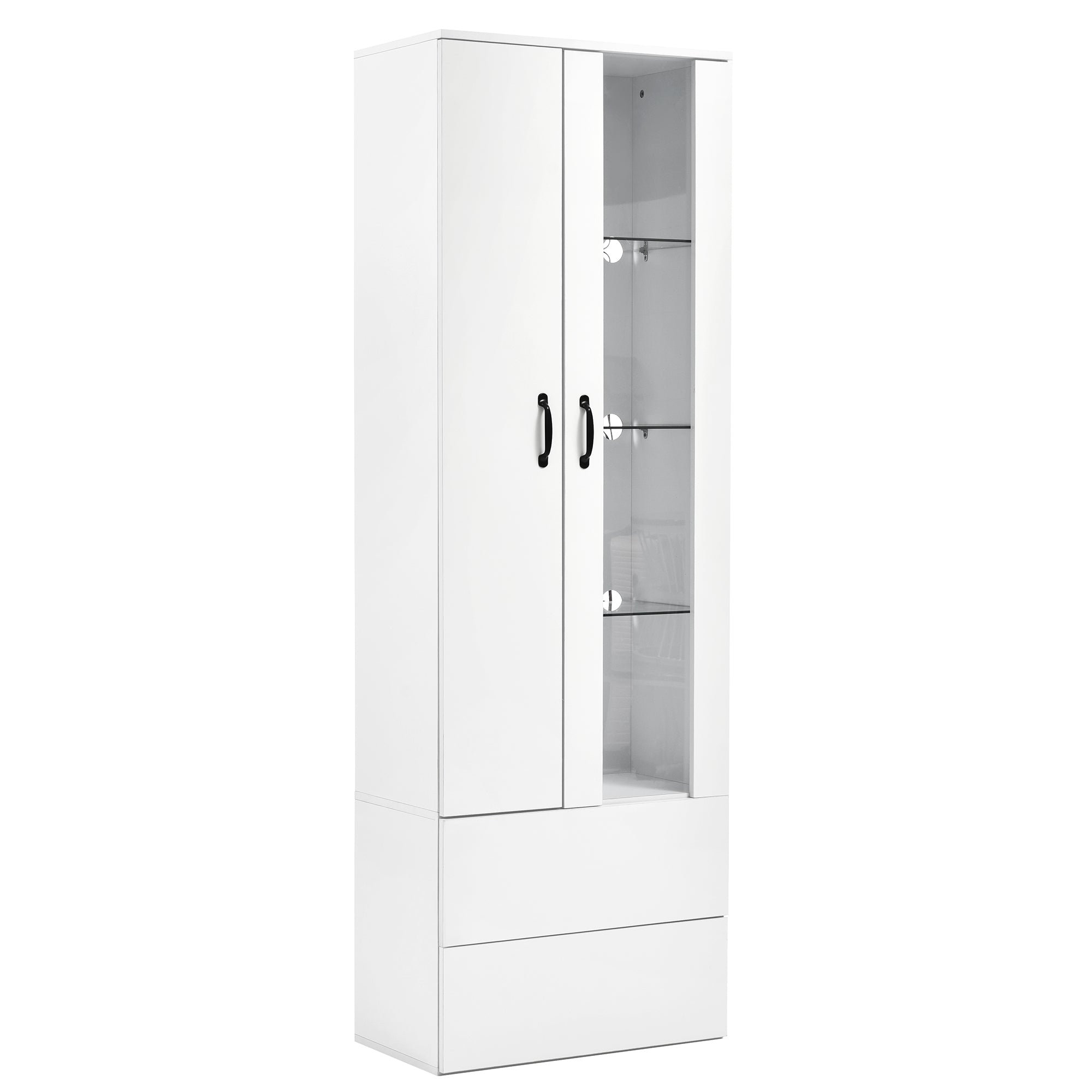 Display Cabinet, 16-Color LED Illuminated with 2 Transparent Doors, Freestanding, White