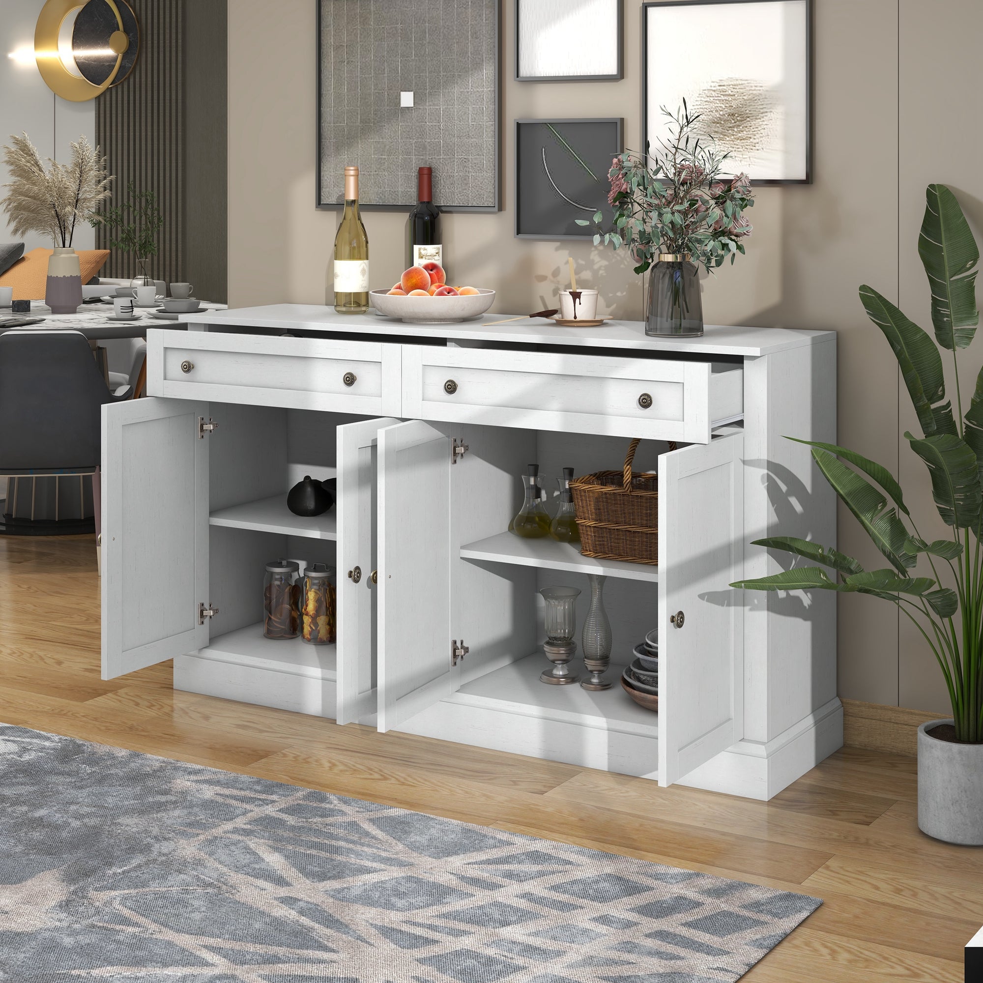 Sideboard, Modern Buffet with 4 Doors & 2 Drawers, 150x40x86cm, Antique White