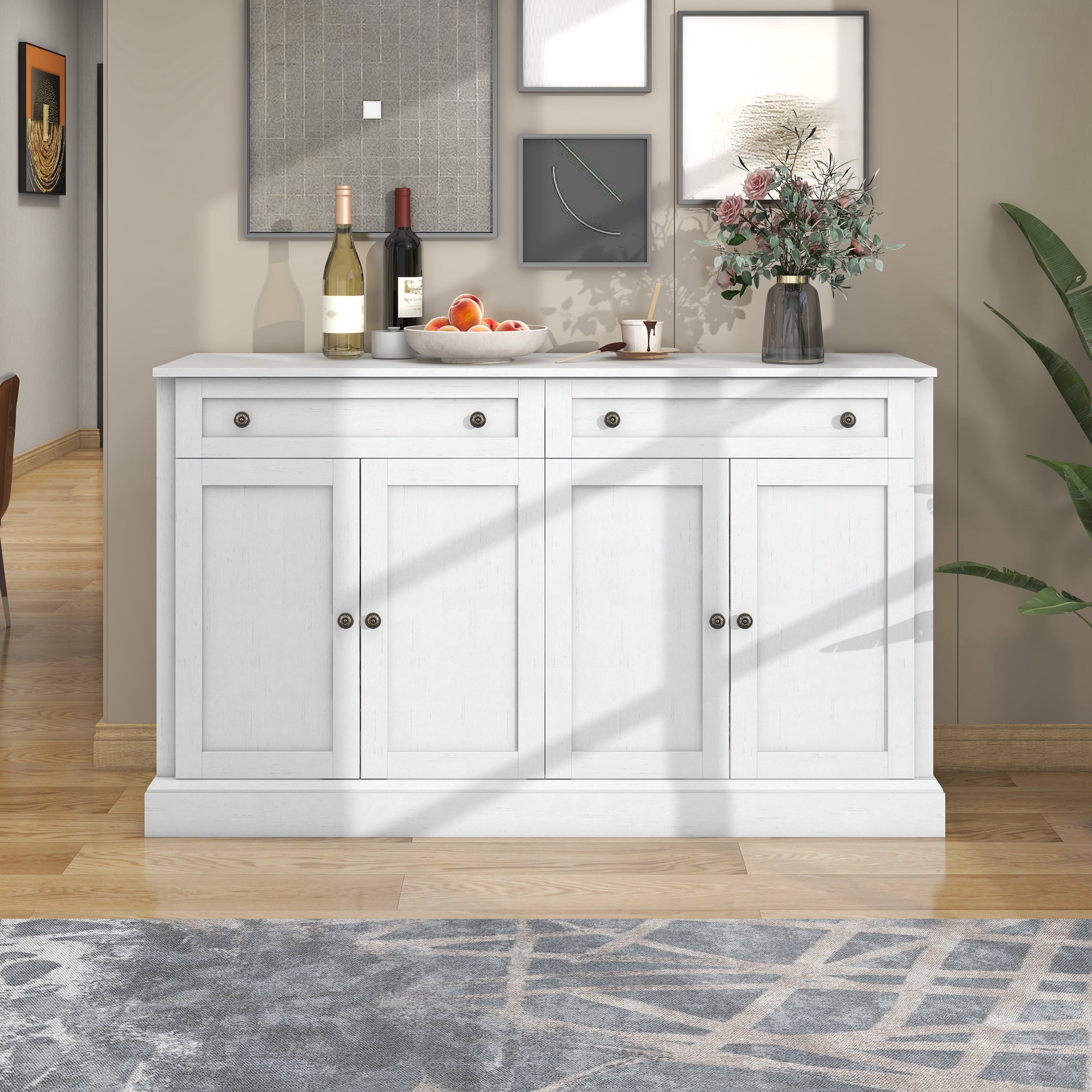 Sideboard, Modern Buffet with 4 Doors & 2 Drawers, 150x40x86cm, Antique White