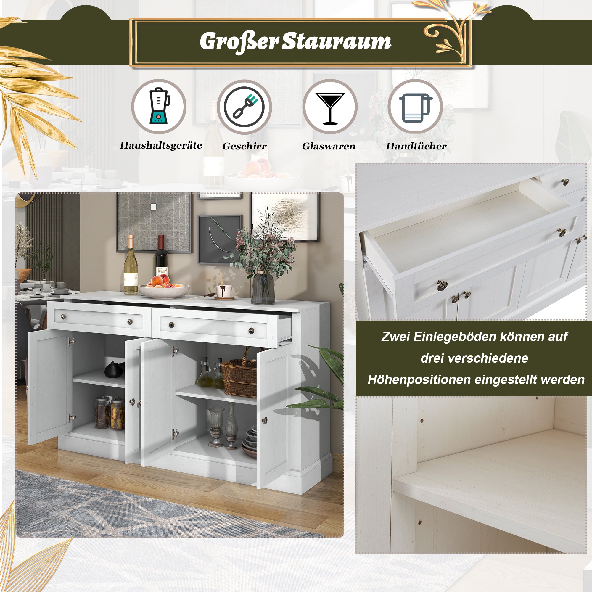 Sideboard, Modern Buffet with 4 Doors & 2 Drawers, 150x40x86cm, Antique White