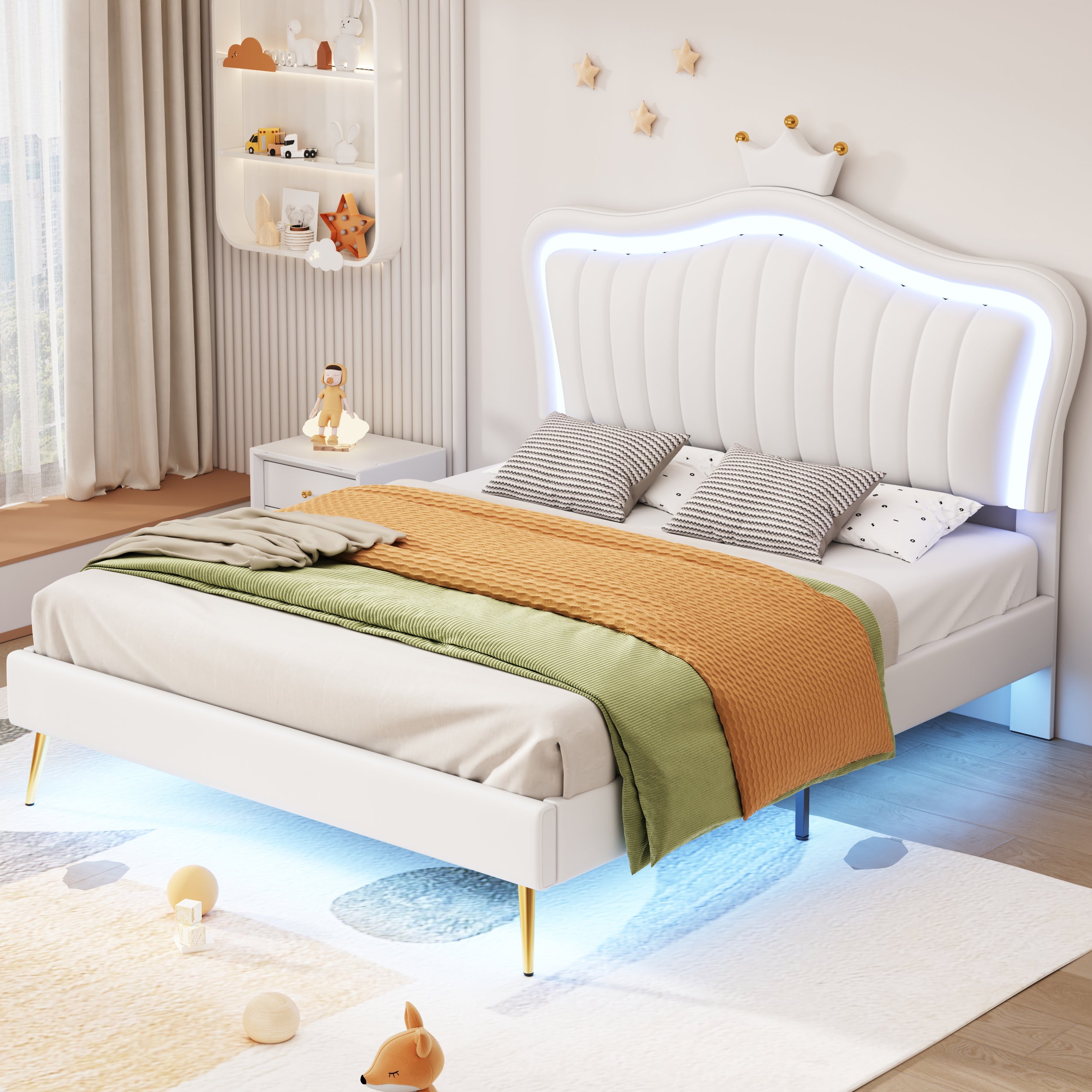 Children's Bed Upholstered, 140x200cm Crown Double with LED Lights, White PU Leather
