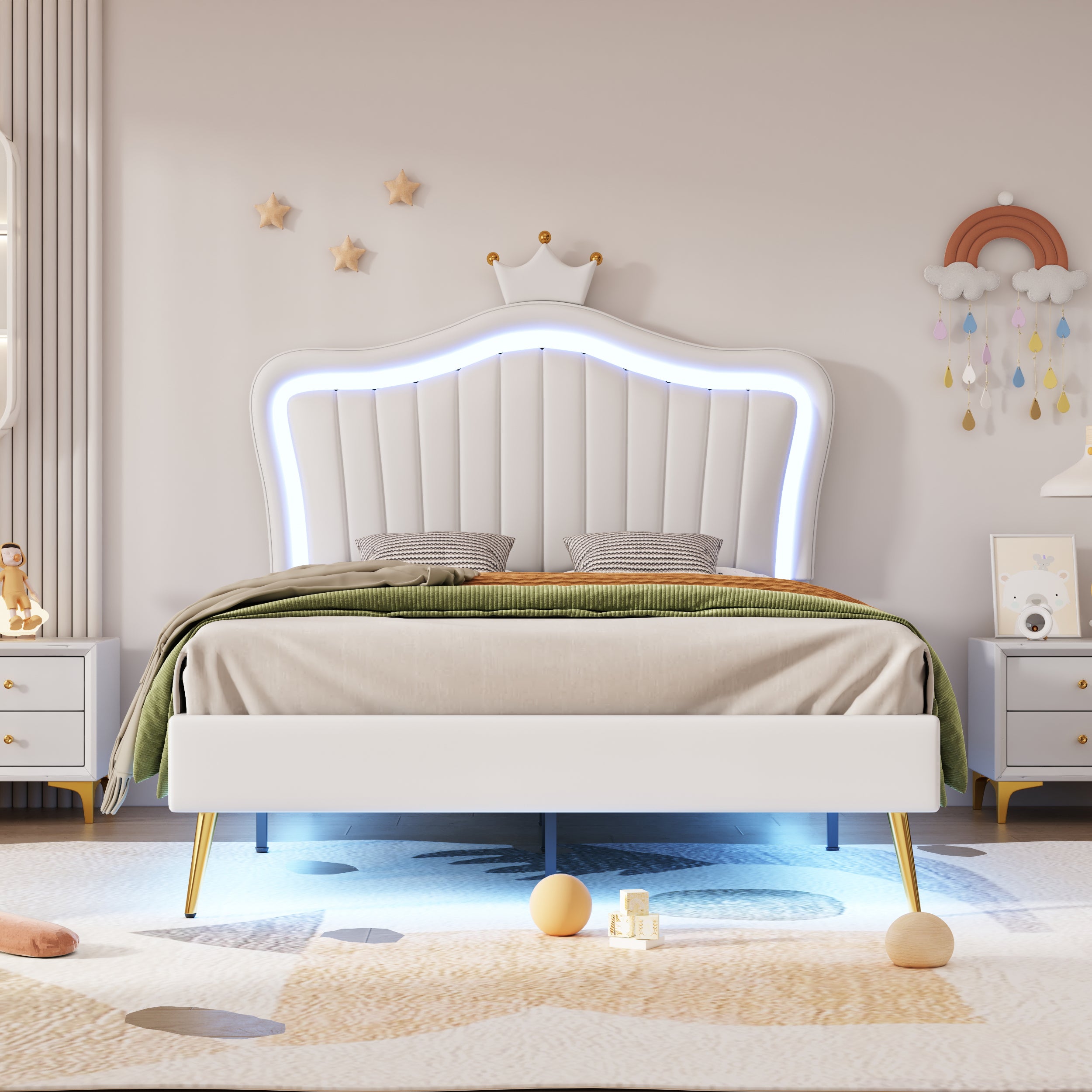 Children's Bed Upholstered, 90x200cm Crown Double Bed Frame with LED Lights, White PU Leather