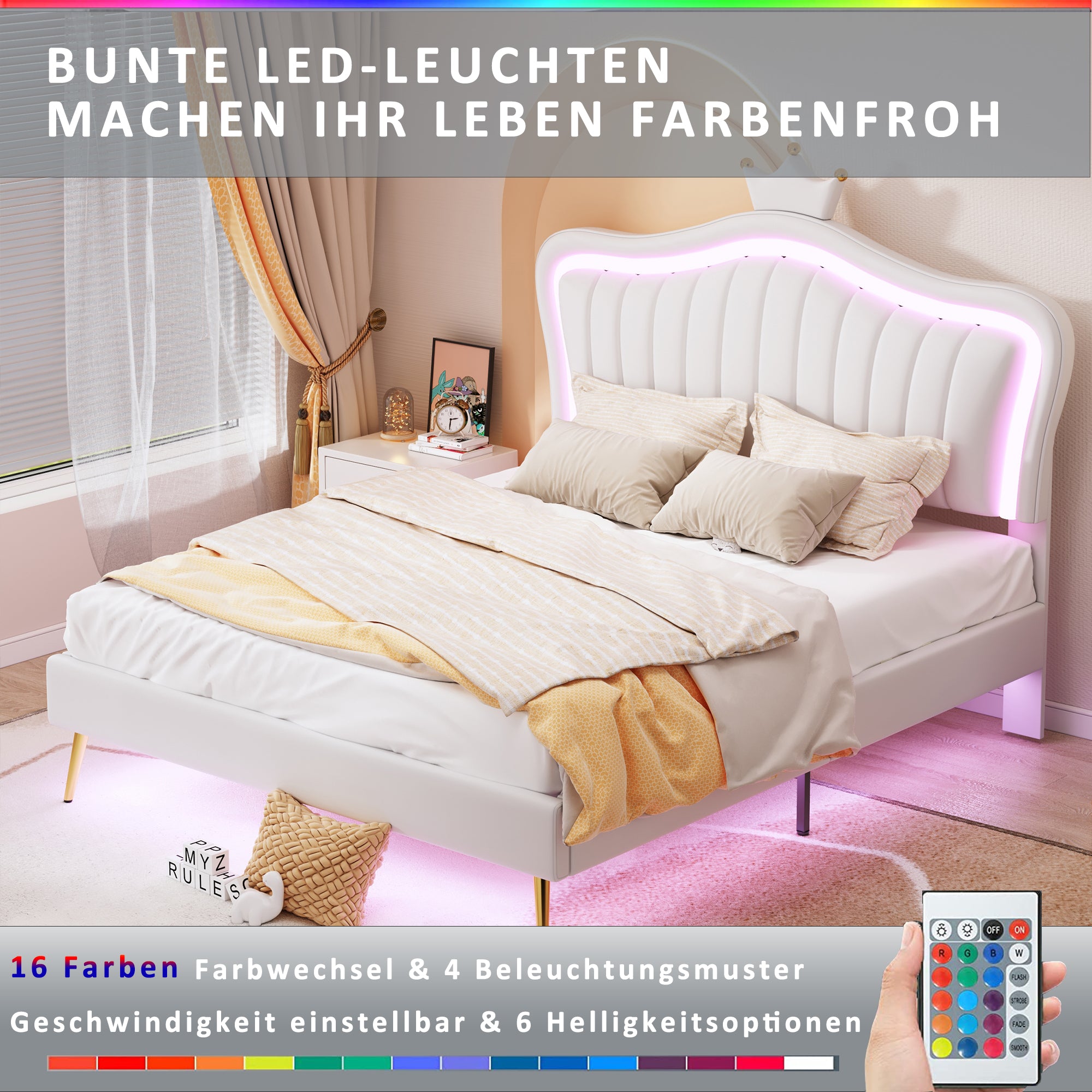 Children's Bed Upholstered, 140x200cm Crown Double with LED Lights, White PU Leather